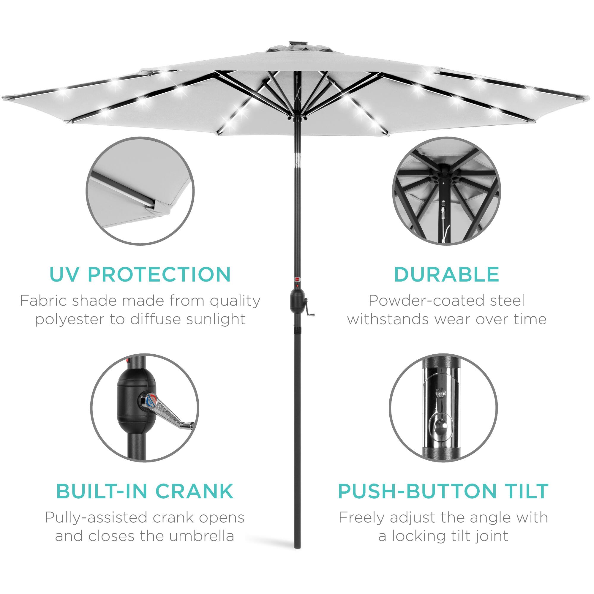 UV Protection: Fabric shade made from quality polyester to diffuse sunlight.  
Durable: Powder-coated steel withstands wear over time.  
Built-in Crank: Pulley-assisted crank opens and closes the umbrella.  
Push-button Tilt: Freely adjust the angle with a locking tilt joint.