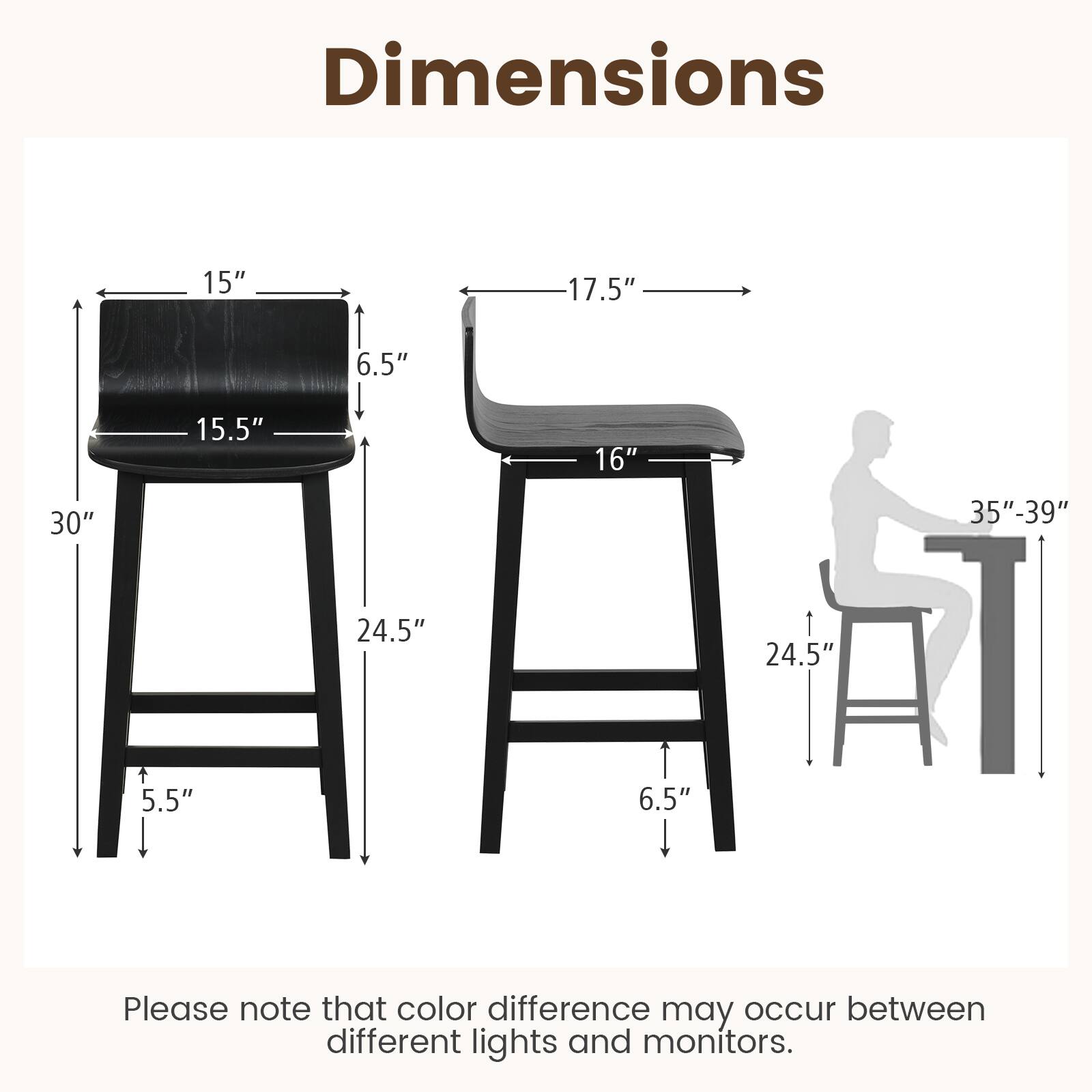 Dimensions: 15", 17.5", 6.5", 15.5", 16", 30", 35"-39", 24.5", 24.5", 5.5", 6.5"

Please note that color difference may occur between different lights and monitors.