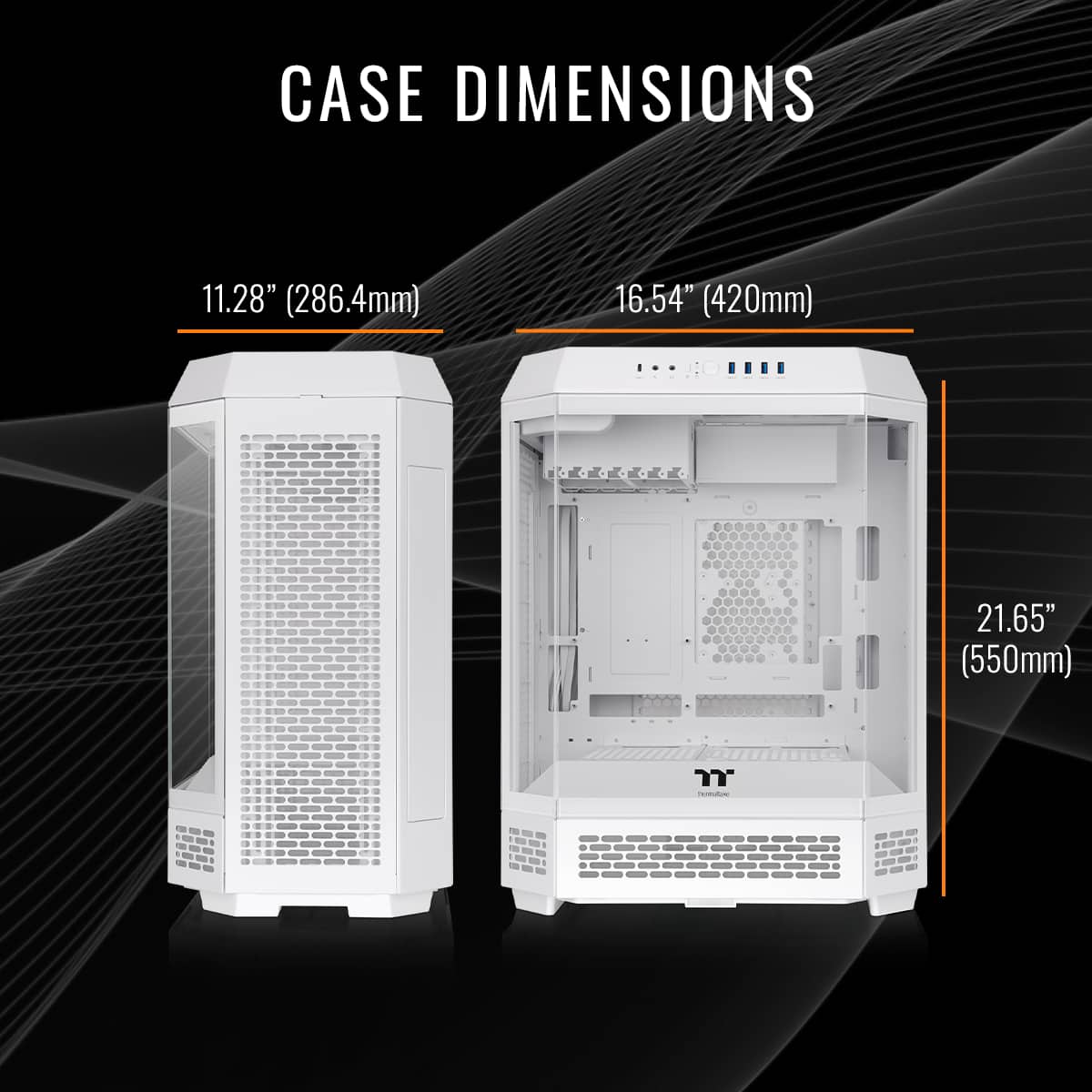 The image shows two computer cases with their dimensions displayed. The first case measures 11.28" (286.4mm) in height, while the second case measures 16.54" (420mm) in height. The third case measures 21.65" (550mm) in height.