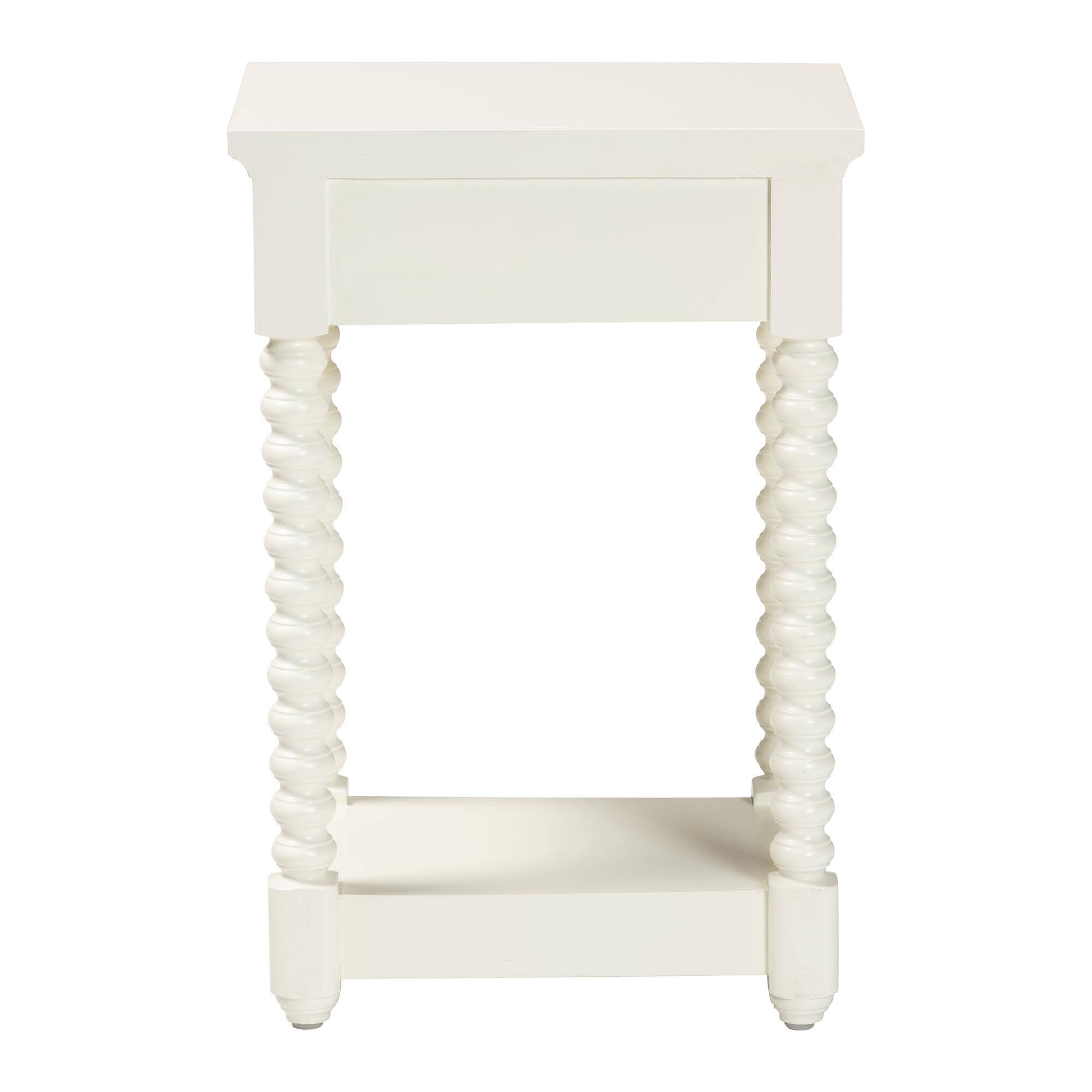 Alt View 1. bali & pari - Baxton Studio Terentia Nightstand with Bobbin Legs - 1-Drawer Bedroom Side Table with Storage Shelf, White - White.