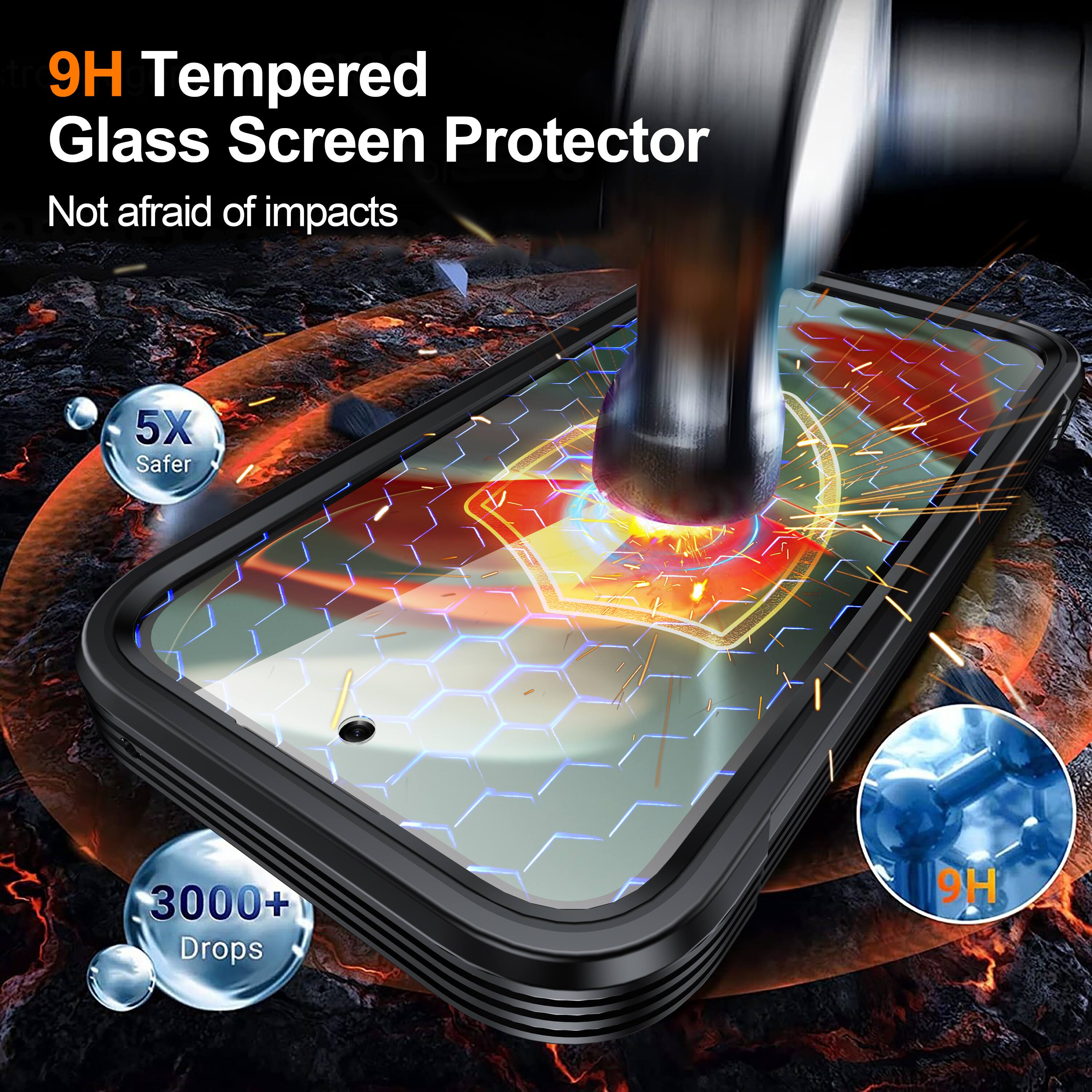 9H Tempered Glass Screen Protector  
Not afraid of impacts  
5X Safer  
3000+ Drops  
9H