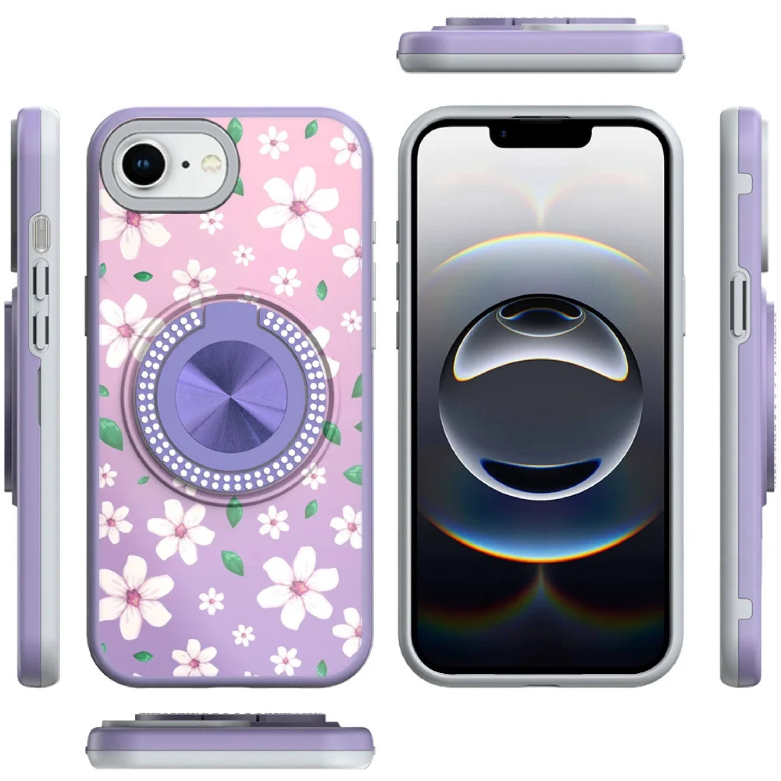 Angle. Kitcheniva - Printed Bling 360 Rotating Ring Stand Phone Case With Tempered Glass For iPhone 16e 17e Floral Purple - Purple.