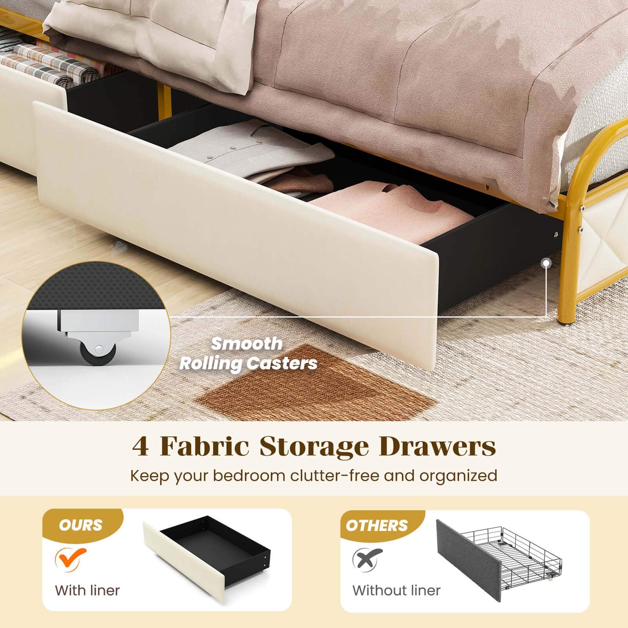 Smooth Rolling Casters 4 Fabric Storage Drawers Keep your bedroom clutter-free and organized OURS OTHERS With liner X Without liner
