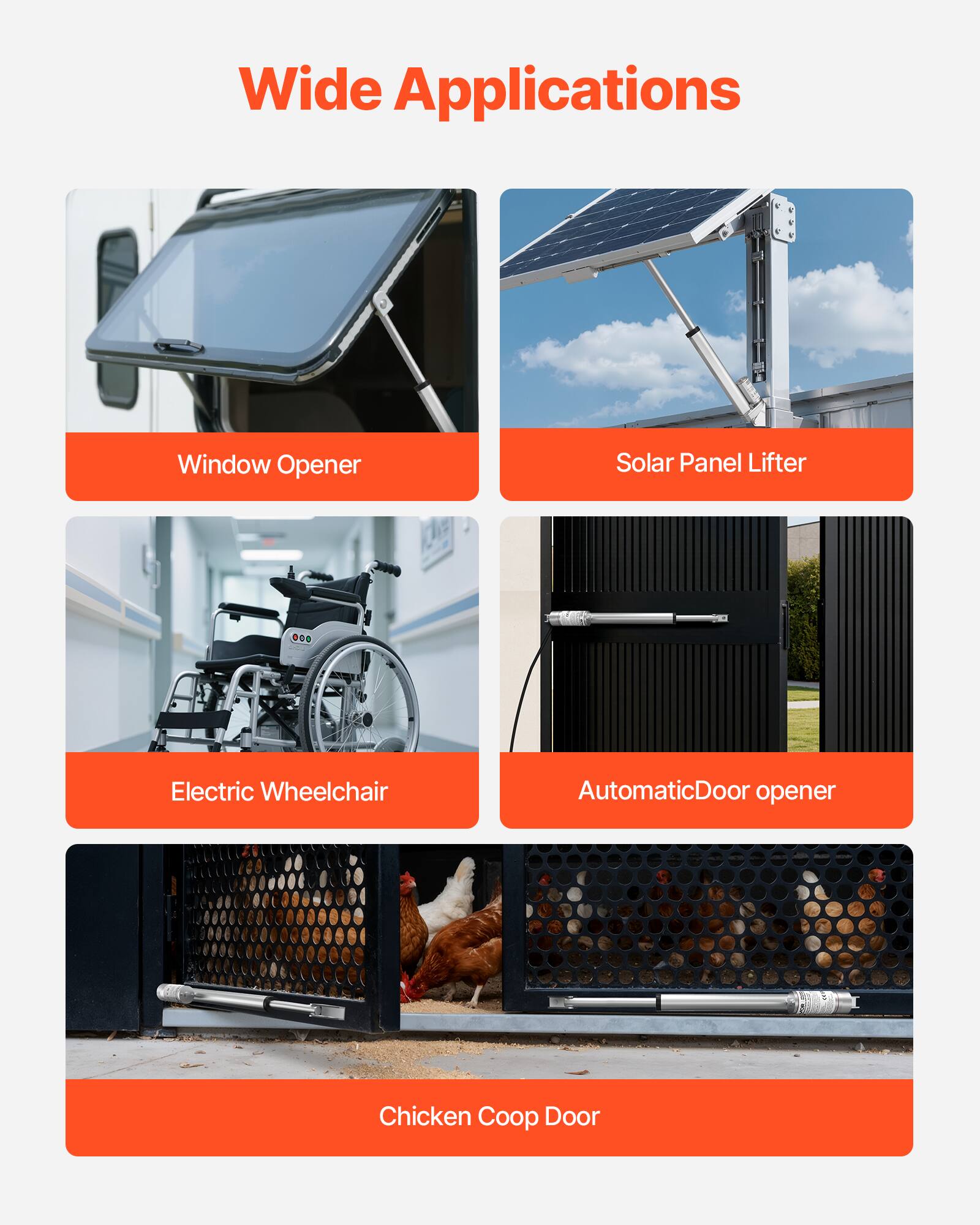 Wide Applications

- Window Opener
- Solar Panel Lifter
- Electric Wheelchair
- Automatic Door Opener
- Chicken Coop Door
