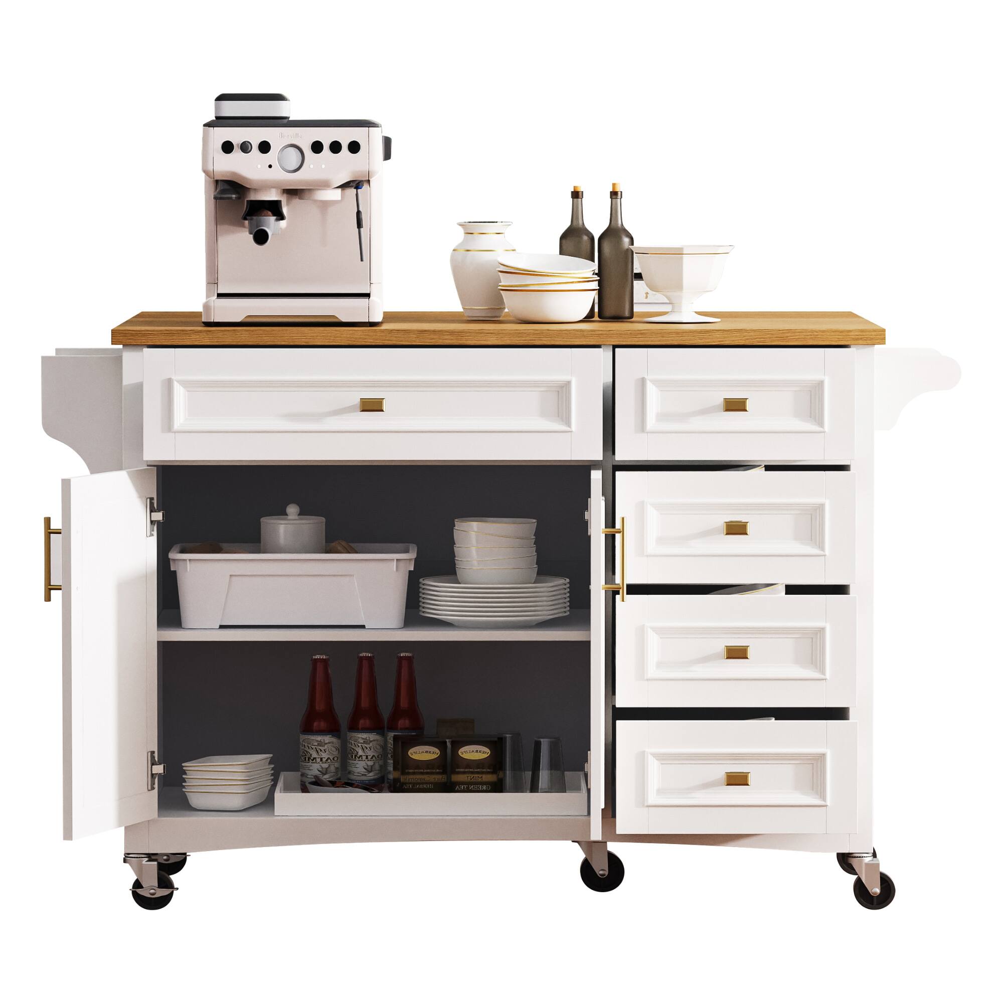 Alt View 3. Forest'nSky - 52" Kitchen Island with Drop Leaf – Embossed Texture Cart on Wheels, 5 Drawers, 2 Doors, Spice & Towel Racks, White - White.