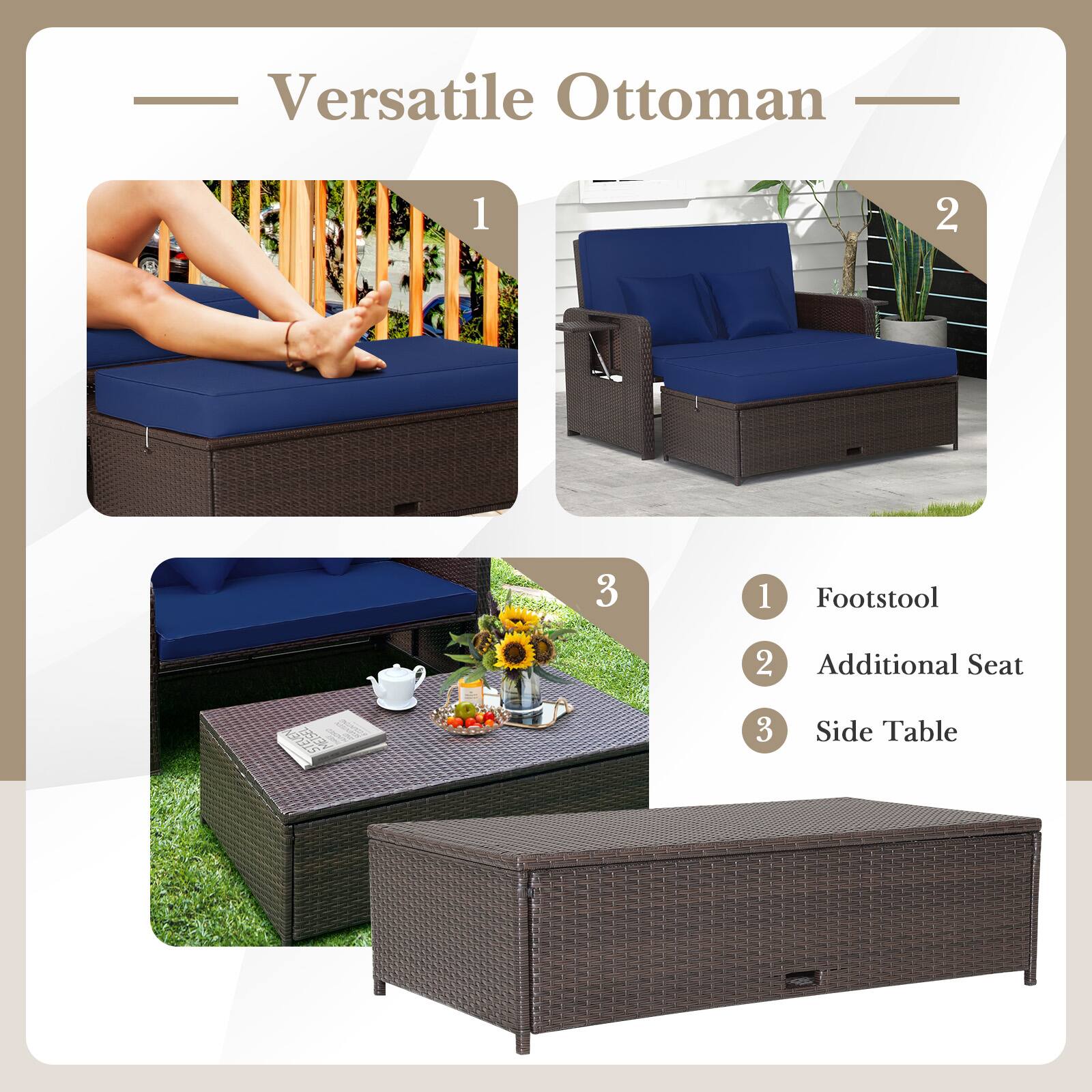 Versatile Ottoman

1. Footstool
2. Additional Seat
3. Side Table