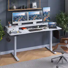 WELLFOR - 63" Height Adjustable Sit Stand Computer Desk with 2 Drawers & Hanging Hooks, Sit Stand Home Office Desk - White