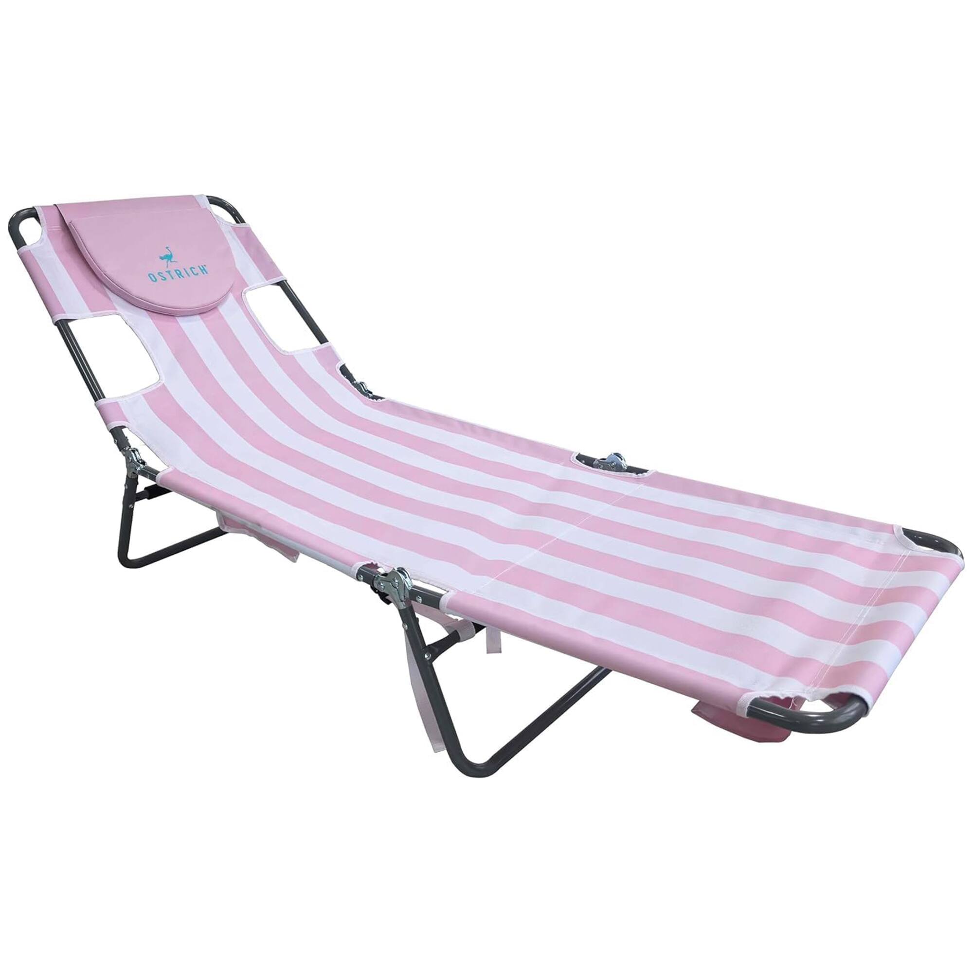 Front. Ostrich - Ostrich The Backpack Chaise Lounge, Facedown Beach Camping Chair w/ Storage Bag - Icy Pink and White Striped.