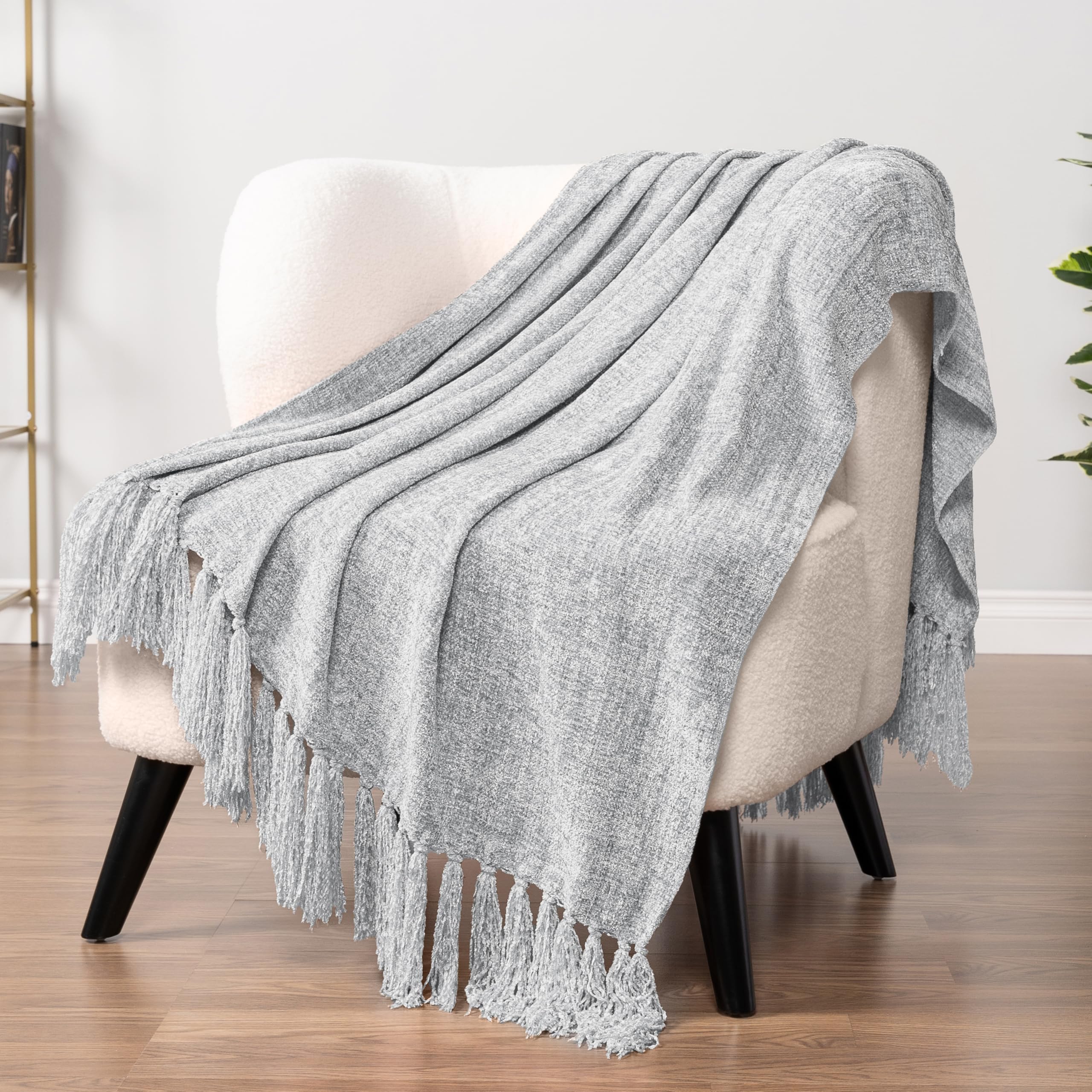 Paradigms Interiors - Chenille Throw Blanket For Couch Sofa Soft Knit With Tassel Decorative Bed Chair Living Room SOFT CHENILLE - Light Grey-50 x 60 Inches - Throw