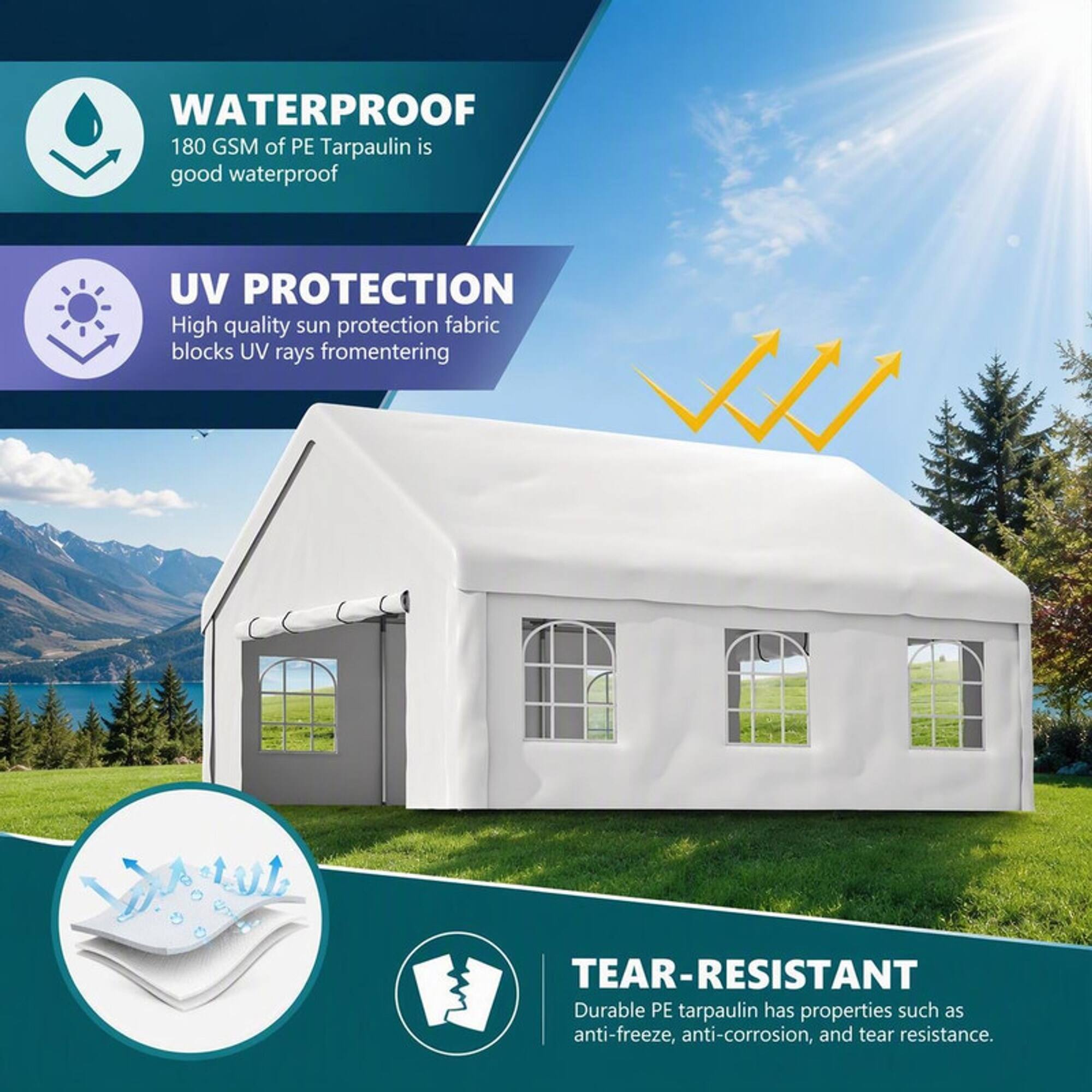 WATERPROOF  
180 GSM of PE Tarpaulin is good waterproof

UV PROTECTION  
High quality sun protection fabric blocks UV rays from entering

TEAR-RESISTANT  
Durable PE tarpaulin has properties such as anti-freeze, anti-corrosion, and tear resistance.