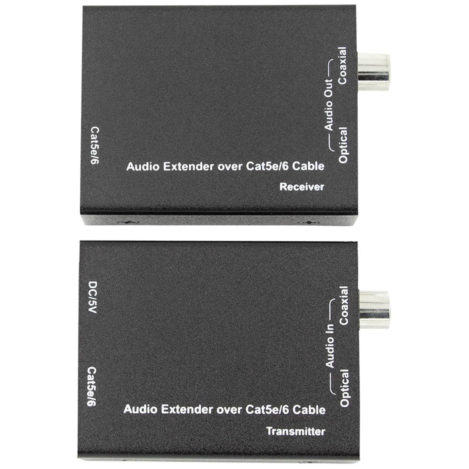 Cat5e/6  
Audio Extender over Cat5e/6 Cable  
Receiver  
DC/5V  
Coaxial  
Audio Out  
Optical  

Cat5e/6  
Audio Extender over Cat5e/6 Cable  
Transmitter  
DC/5V  
Coaxial  
Audio In  
Optical