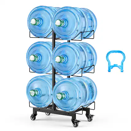 Front. VEVOR - Water Jug Holder, 3 Tiers Double Rows 3 and 5 Gallon Water Bottle Holder for 6 Bottles, Heavy Duty Jug Rack Organizer - Black.