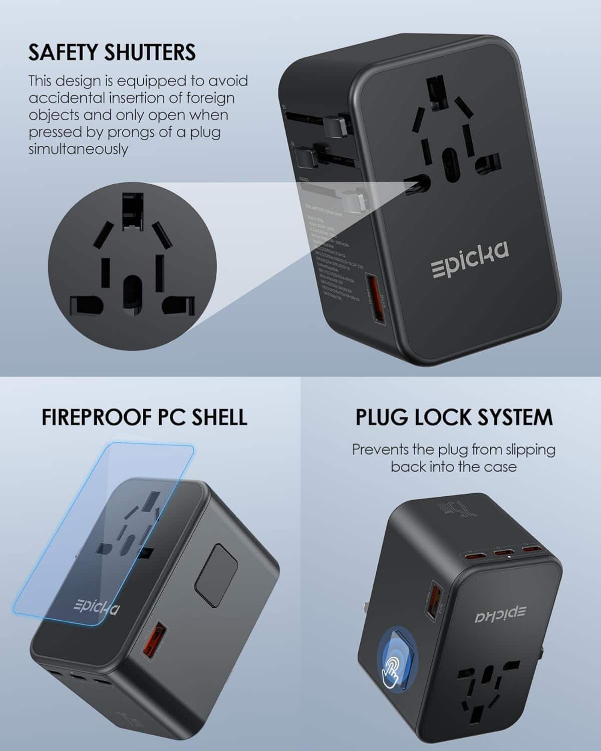 The image features a black electrical device with a plug lock system. The device is designed to prevent accidental insertion of foreign objects and only open when pressed by the prongs of a plug simultaneously. The plug lock system is called Epicka, and it is a fireproof PC shell. The image also shows a close-up of the plug lock system, which is designed to prevent the plug from slipping back into the case.