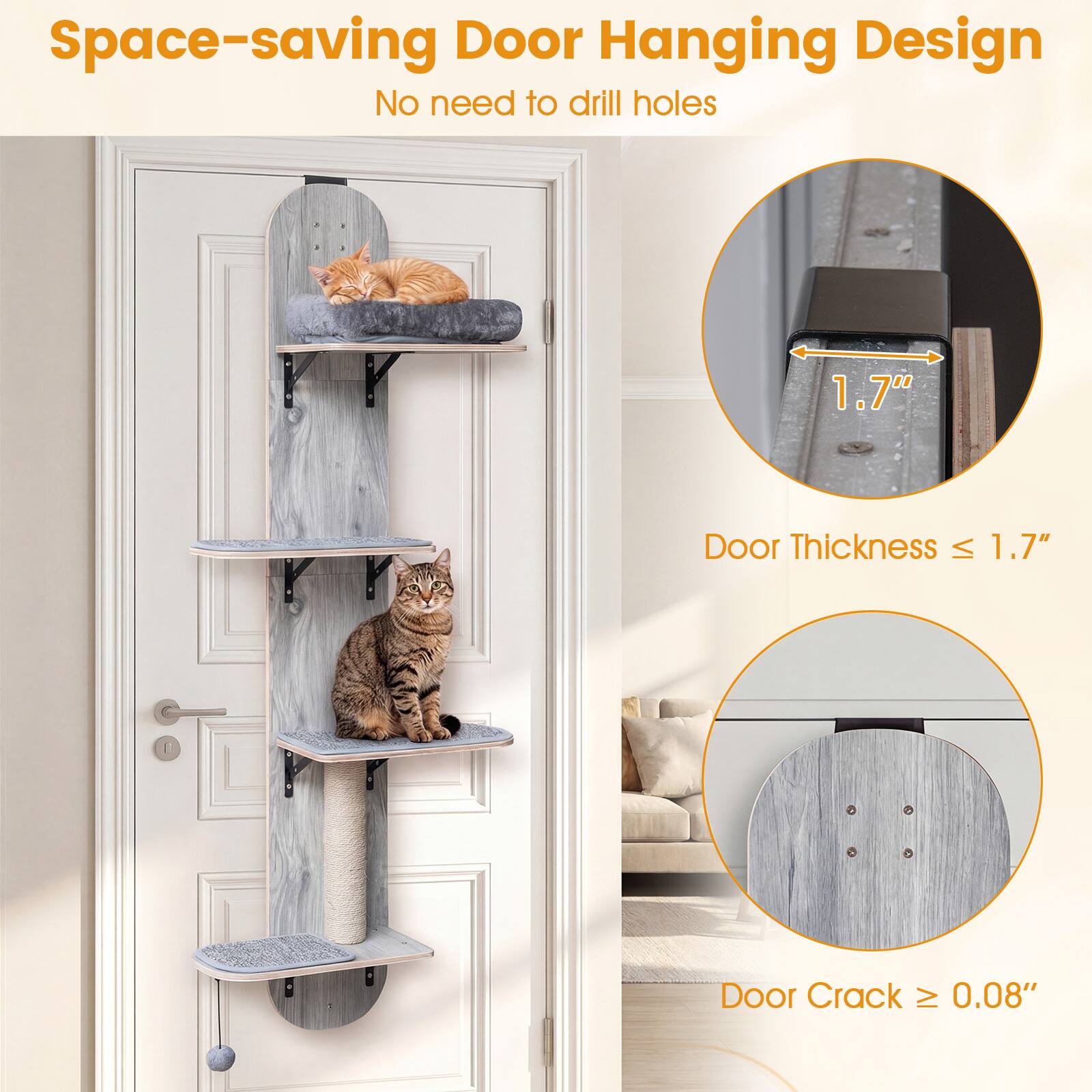 Space-saving Door Hanging Design  
No need to drill holes  

Door Thickness ≤ 1.7"  
Door Crack ≥ 0.08"