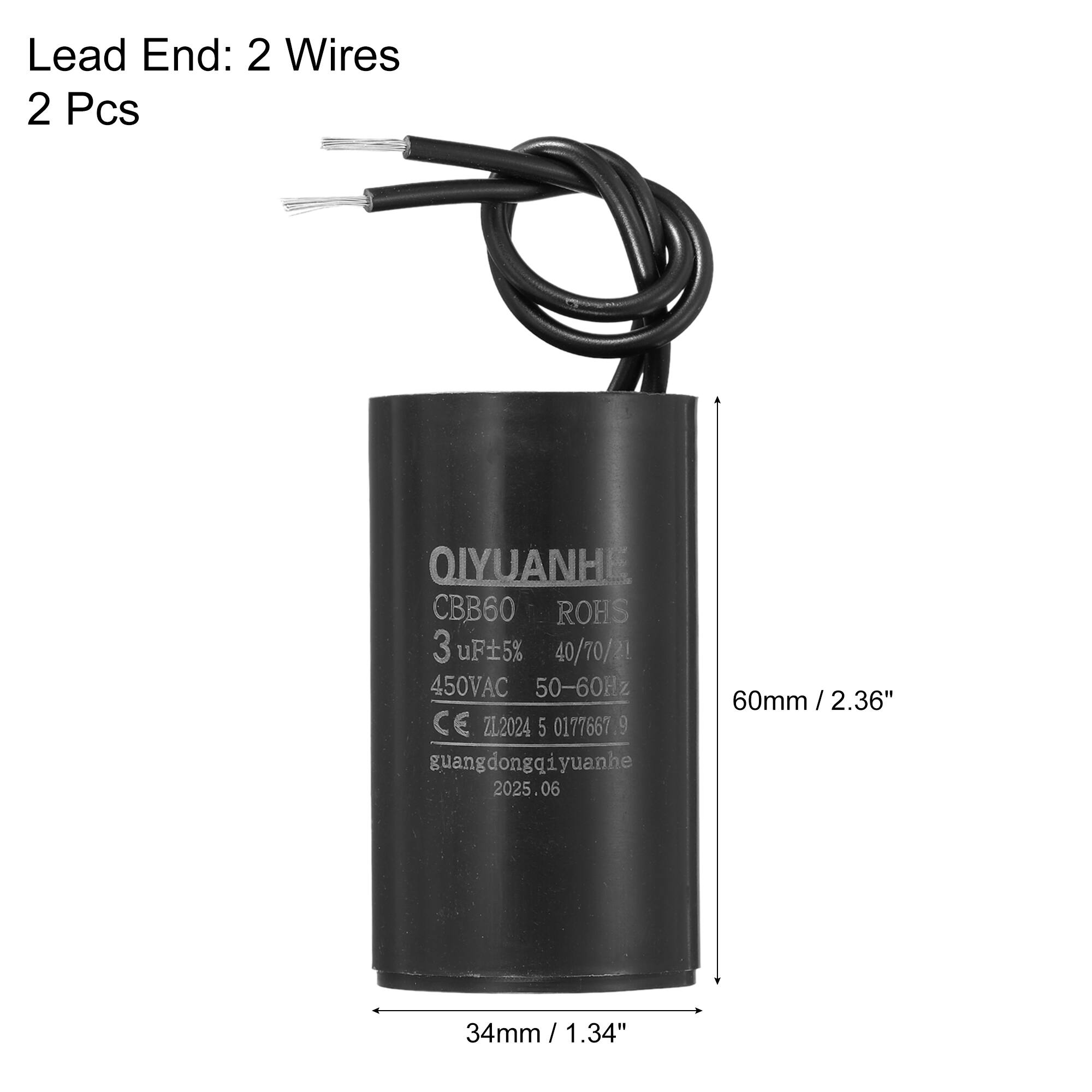 Lead End: 2 Wires  
2 Pcs  

QIYUANHE  
CBB60  
ROHS  
3 uF ±5%  
40/70/21  
450VAC 50-60Hz  
CE Z1.2024 5 0177667 9  
guangdongqiyuanhe  
2025.06  

60mm / 2.36"  
34mm / 1.34"