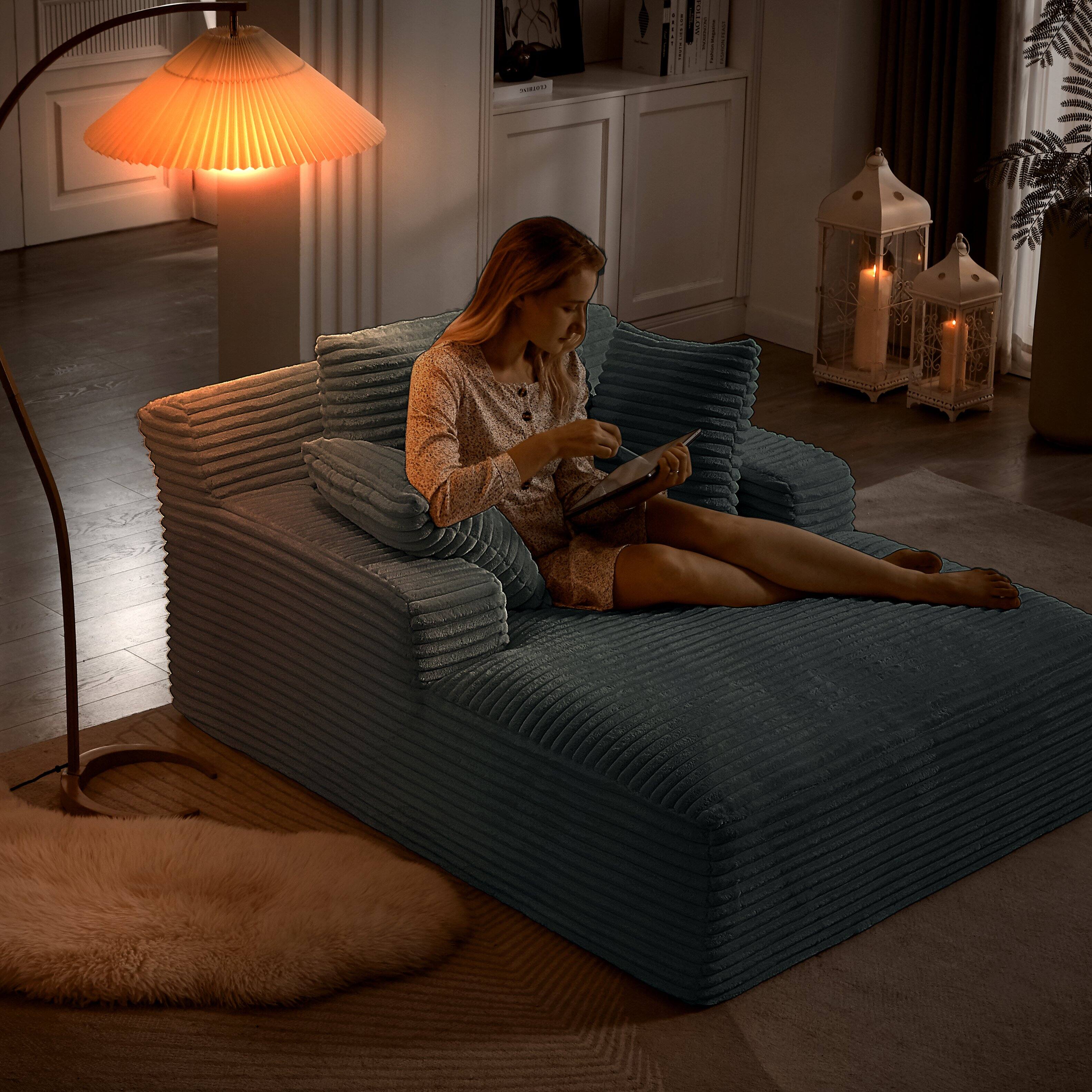 Left. Trinkets Crazed - 49.2 Inches Corduroy Chaise Lounge Indoor, Oversized Chaise Lounge Chair with 3 Throw Pillows and Armrests - Dark Grey.
