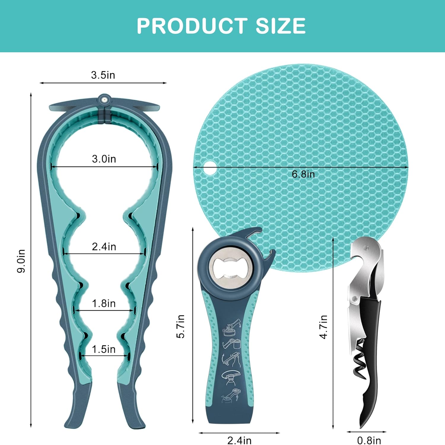 PRODUCT SIZE

- 3.5in
- 3.0in
- 2.4in
- 1.8in
- 1.5in
- 9.0in
- 5.7in
- 6.8in
- 4.7in
- 2.4in
- 0.8in