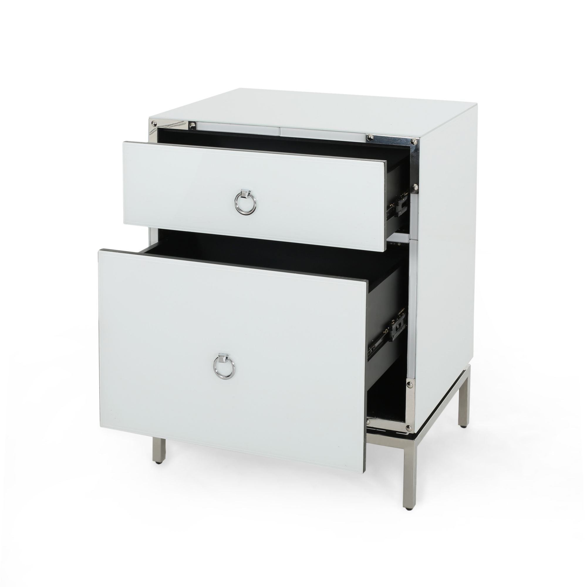 Alt View 4. Boyel Living - Modern White Elegant 2-Drawer Nightstand with Silver Mirrored Edge and Legs. End Table with Drawer and Cabinet - White.