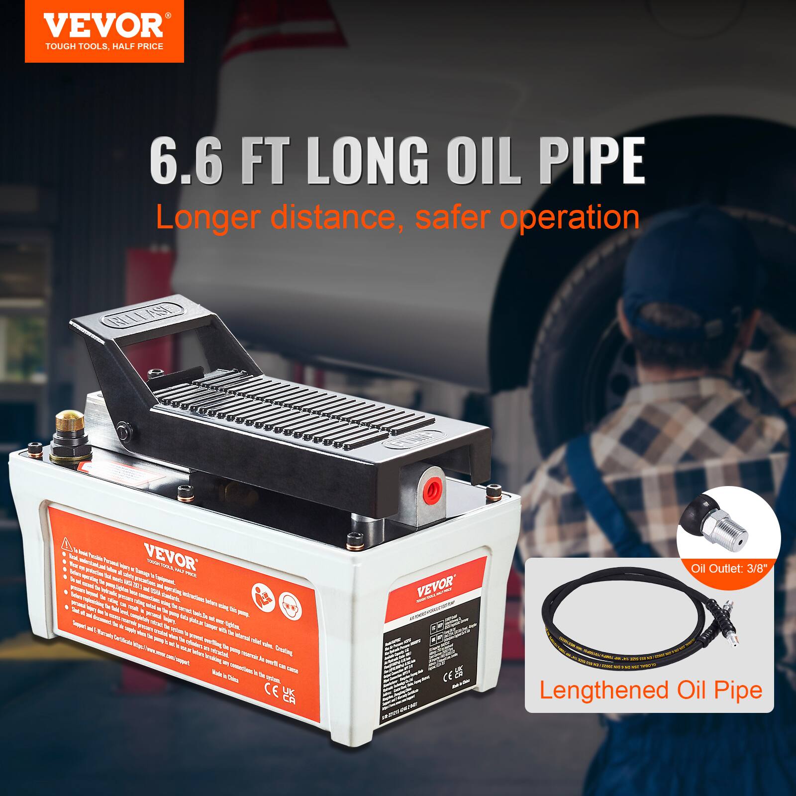 VEVOR TOUGH TOOLS, HALF PRICE

6.6 FT LONG OIL PIPE
Longer distance, safer operation

Oil Outlet: 3/8"
Lengthened Oil Pipe