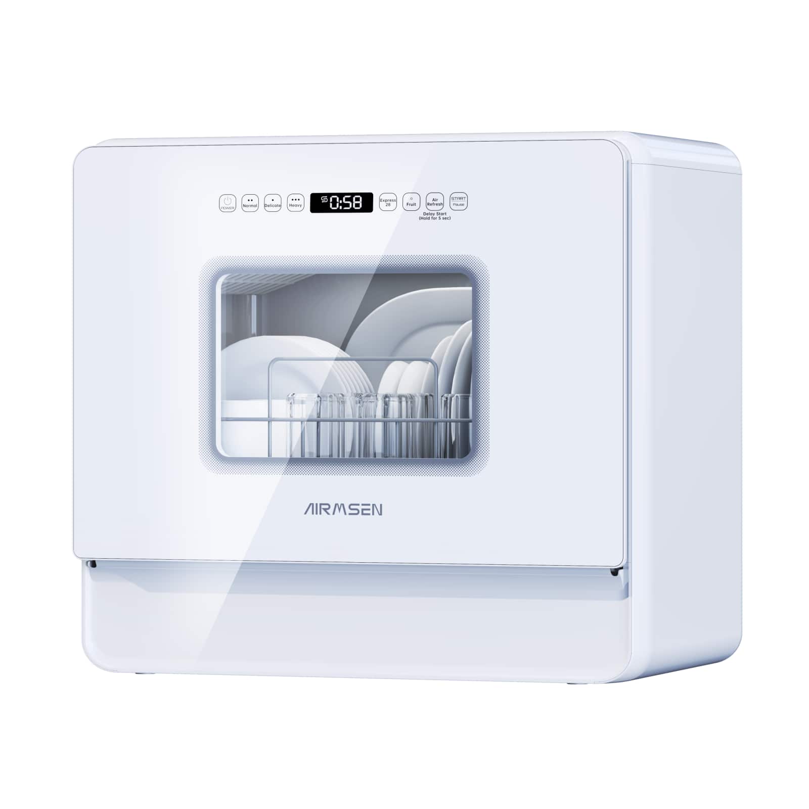 AIRMSEN - Large Slim Countertop Dishwasher, Built-in Tank, No Hookup, Heated Drying & 72H Air Refresh, 12H Delay - White