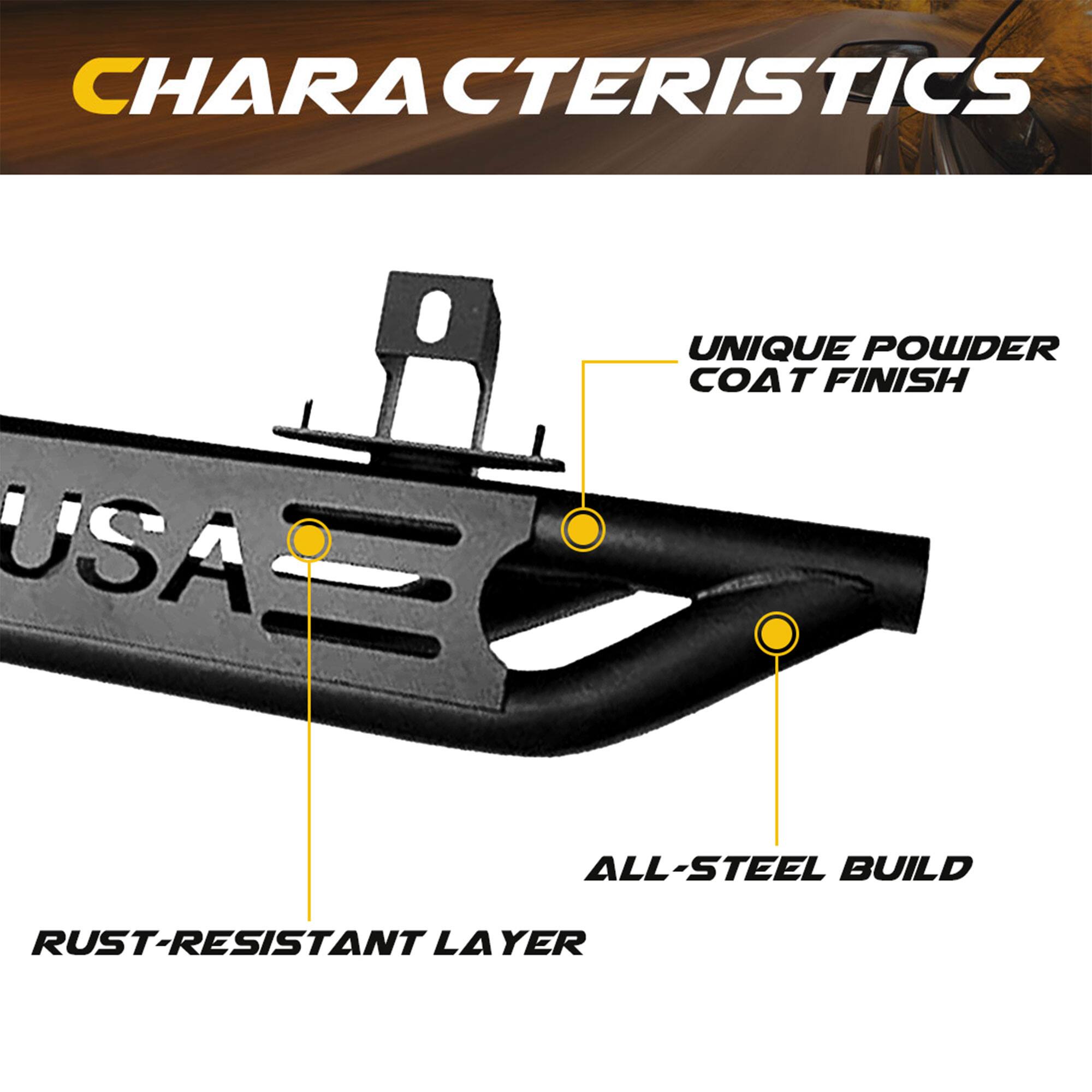 CHARACTERISTICS

- UNIQUE POWDER COAT FINISH
- ALL-STEEL BUILD
- RUST-RESISTANT LAYER