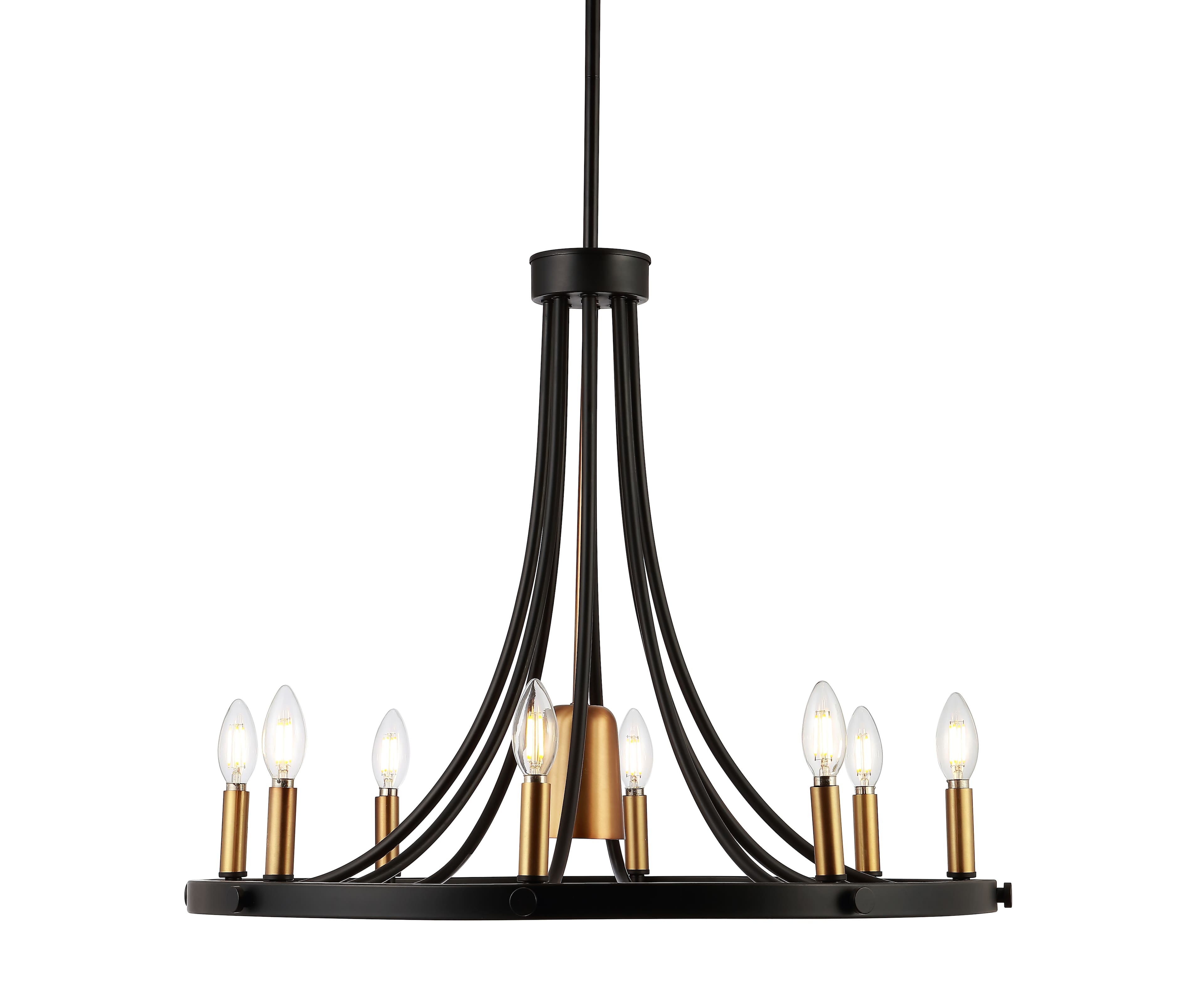 Jonathan Y - Dante 26.75" 9-Light Transitional Modern Iron Adjustable Wagon Wheel LED Chandelier with Downlight - Black/Brass Gold
