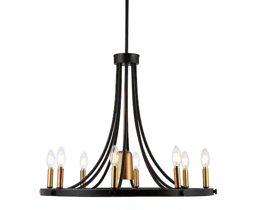 Front. Jonathan Y - Dante 26.75" 9-Light Transitional Modern Iron Adjustable Wagon Wheel LED Chandelier with Downlight, Black/Brass Gold - Black/Brass Gold.