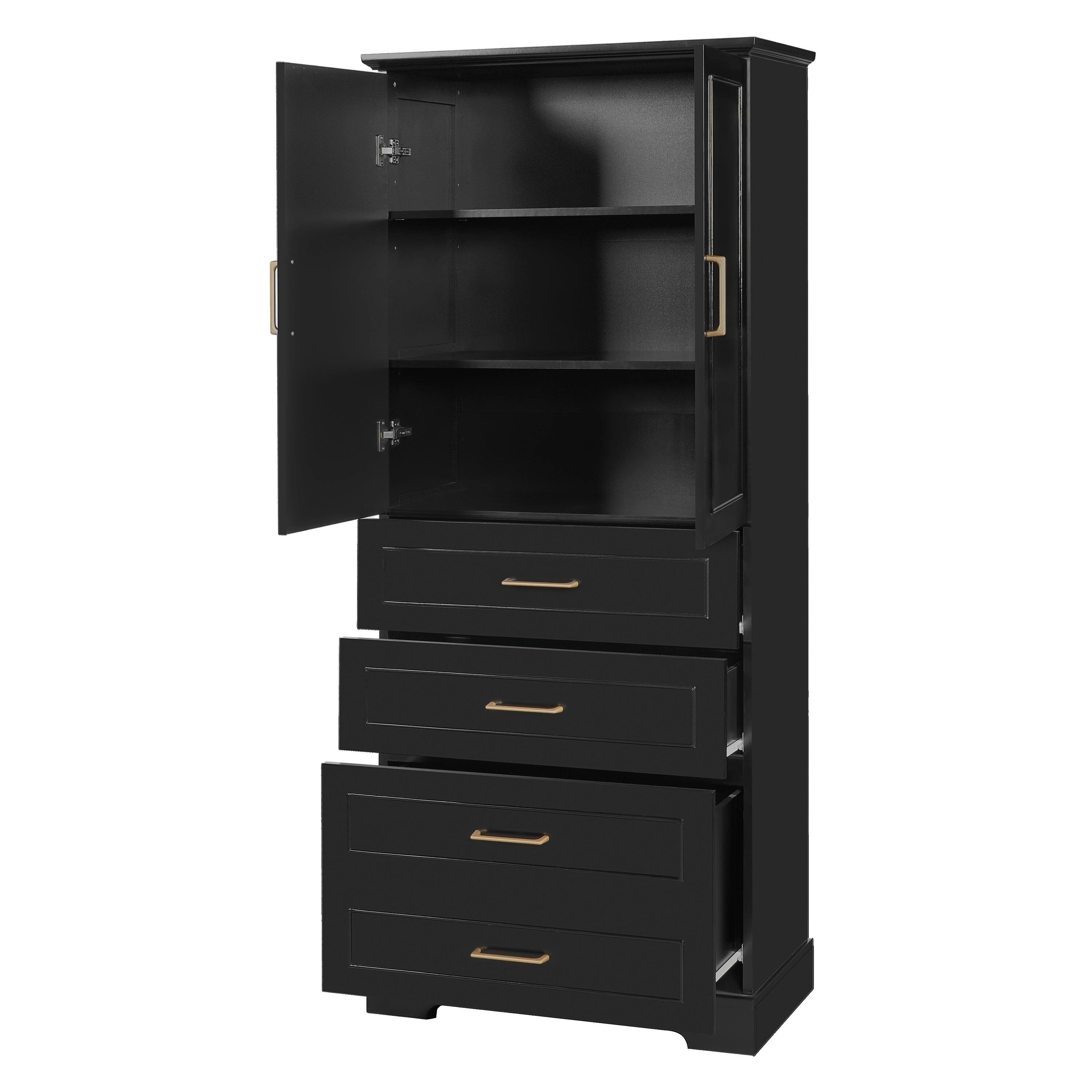 Left. Boyel Living - 72.2 Inch Black Tall Freestanding Bathroom Cabinet with 3 Drawers Adjustable Shelf Soft Close Doors Steel Handles - Black.