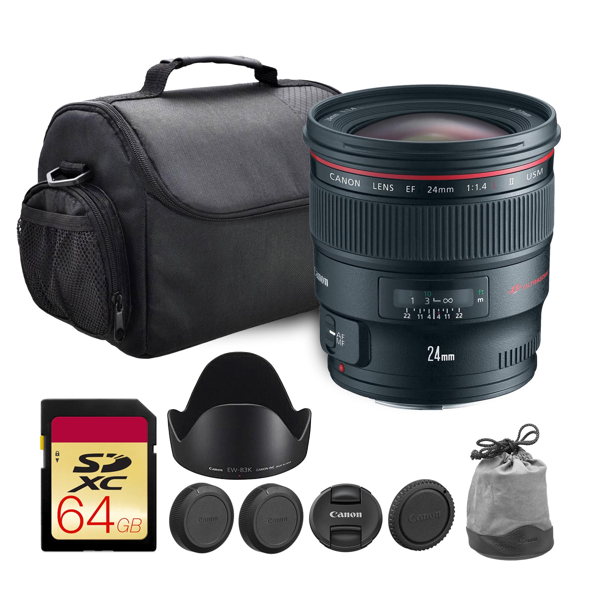 Canon - EF 24mm f/1.4L II USM Lens 64GB Card Bundle - Black