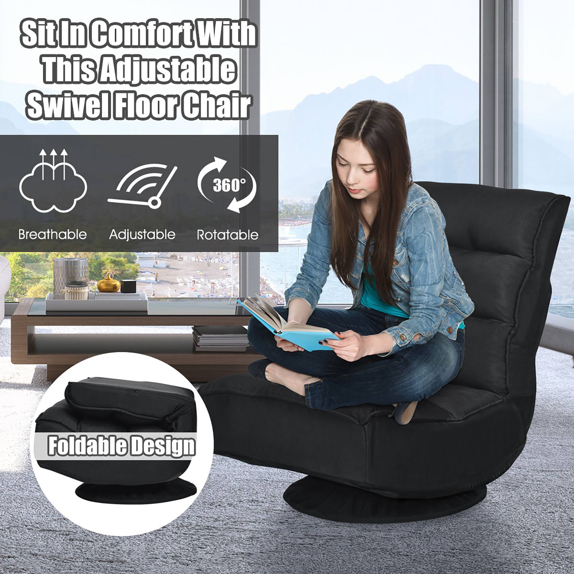 Sit In Comfort With This Adjustable Swivel Floor Chair

- Breathable
- Adjustable
- Rotatable
- 360°
- Foldable Design