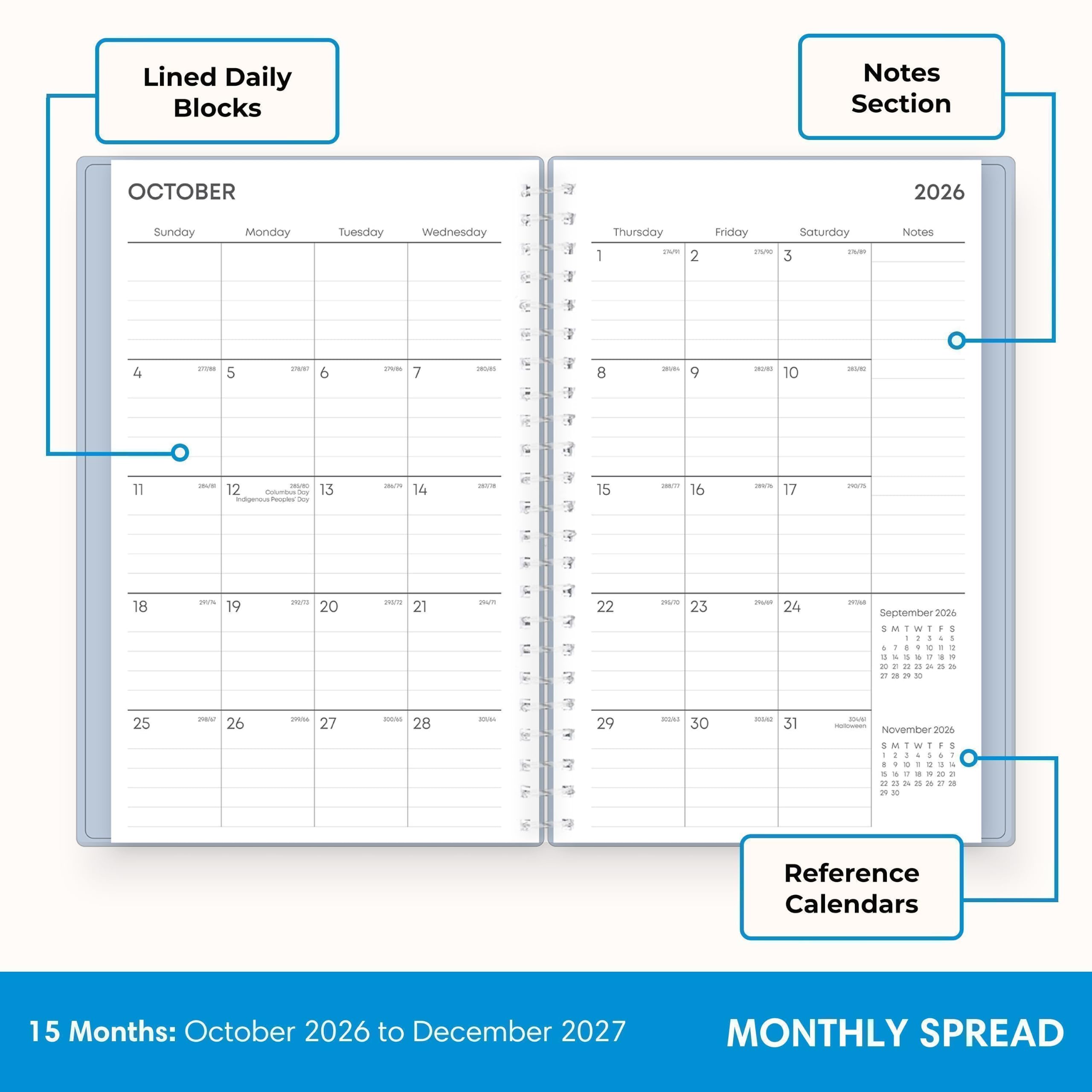 Lined Daily Blocks

Notes Section

OCTOBER
2026
Sunday
Monday
Tuesday
Wednesday
Thursday
Friday
Saturday
Notes

1
2
3
4
5
6
7
8
9
10
11
12
13
14
15
16
17
18
19
20
21
22
23
24
25
26
27
28
29
30
31

Reference Calendars

15 Months: October 2026 to December 2027

MONTHLY SPREAD