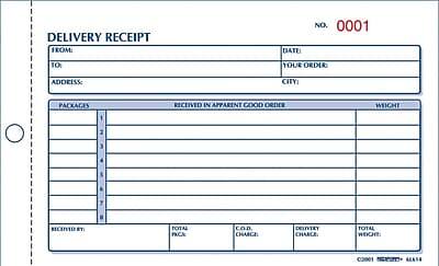 DELIVERY RECEIPT  
NO. 0001  

FROM:  
TO:  
ADDRESS:  
DATE:  
YOUR ORDER:  
CITY:  

PACKAGES  
RECEIVED IN APPARENT GOOD ORDER  

WEIGHT  

RECEIVED BY:  
TOTAL PACKAGES  
C.O.D. CHARGE:  
DELIVERY CHARGE:  
TOTAL WEIGHT:  
TOTAL CHARGE:  

CREDITED BY: [Signature]