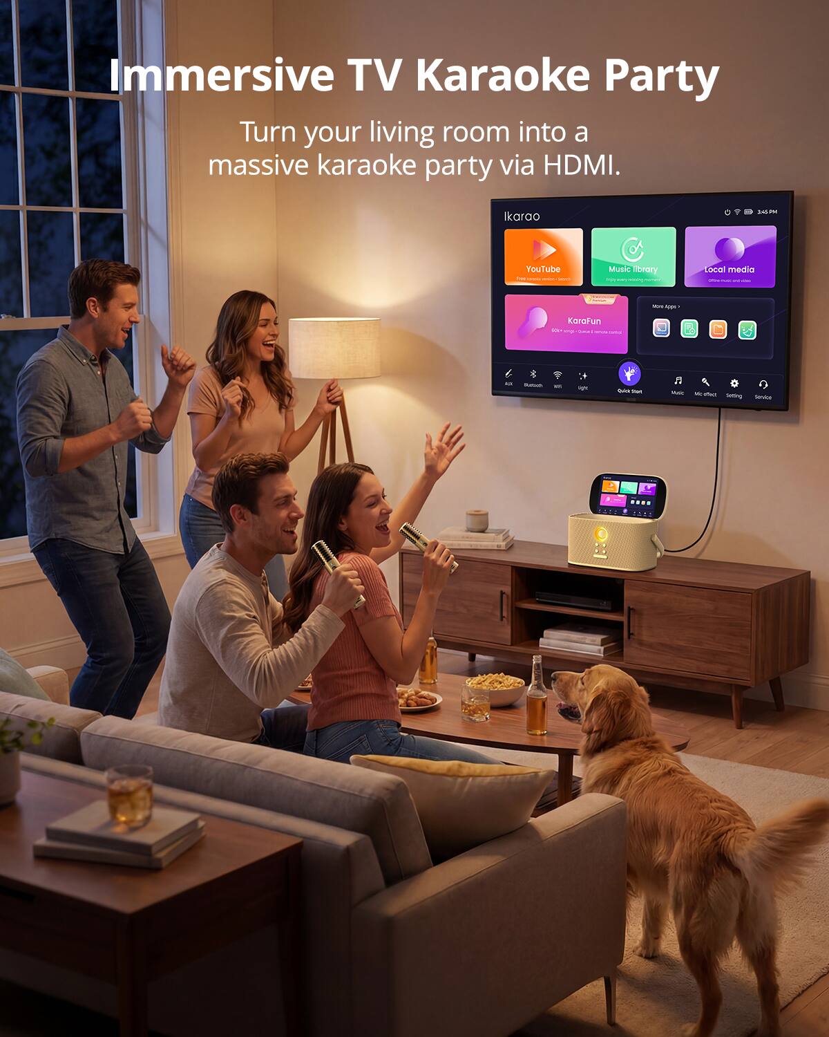 Immersive TV Karaoke Party  
Turn your living room into a massive karaoke party via HDMI.  

Ikaroo  
2:45 PM  

YouTube  
Music library  
Local media  

KaraFun  

Quick start  
Music  
Mic effect  
Settings  
Service