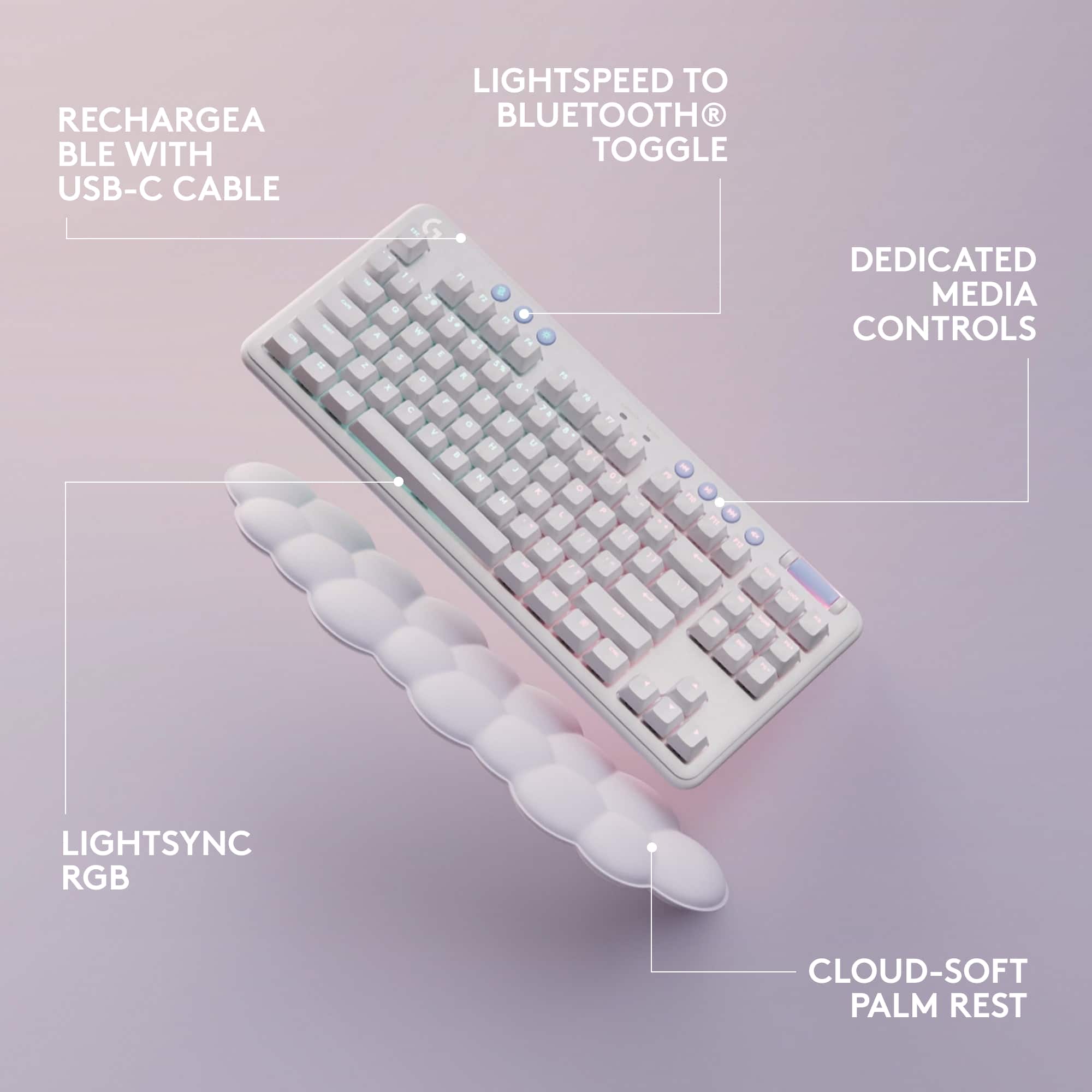 The text on the image is grouped and corrected as follows:
1. Lightspeed to recharge a Bluetooth keyboard with toggle USB-C cable.
2. LightSync RGB Cloud-soft Palm Rest.