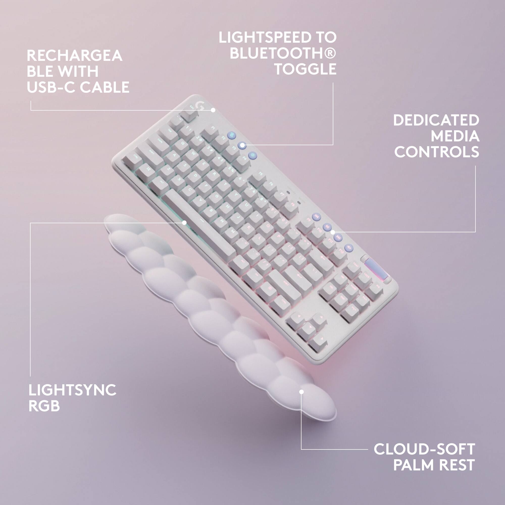 The text on the image is grouped and corrected as follows:

1. Lightspeed to recharge a Bluetooth keyboard with toggle USB-C cable.
2. LightSync RGB Cloud-soft Palm Rest.