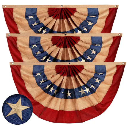 Front. G128 - G128 - 3 Pack: USA Tea Stained Pleated Fan Flag 2x4FT Burlap Embroidered Polyester Stars and Stripes - Red, white, blue (tea stained).