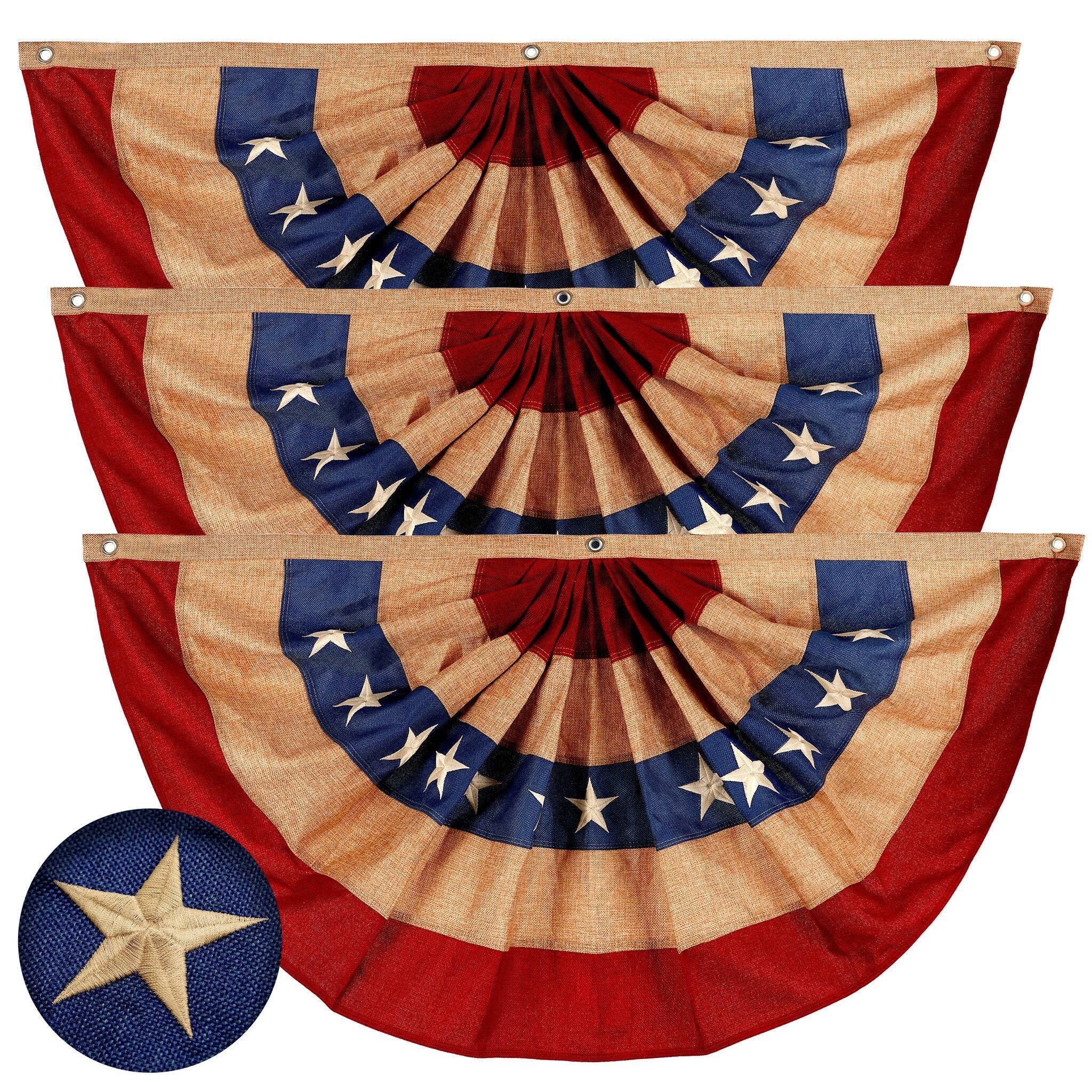 Front. G128 - G128 - 3 Pack: USA Tea Stained Pleated Fan Flag 3x6FT Burlap Embroidered Polyester Stars and Stripes - Red, white, blue (tea stained).