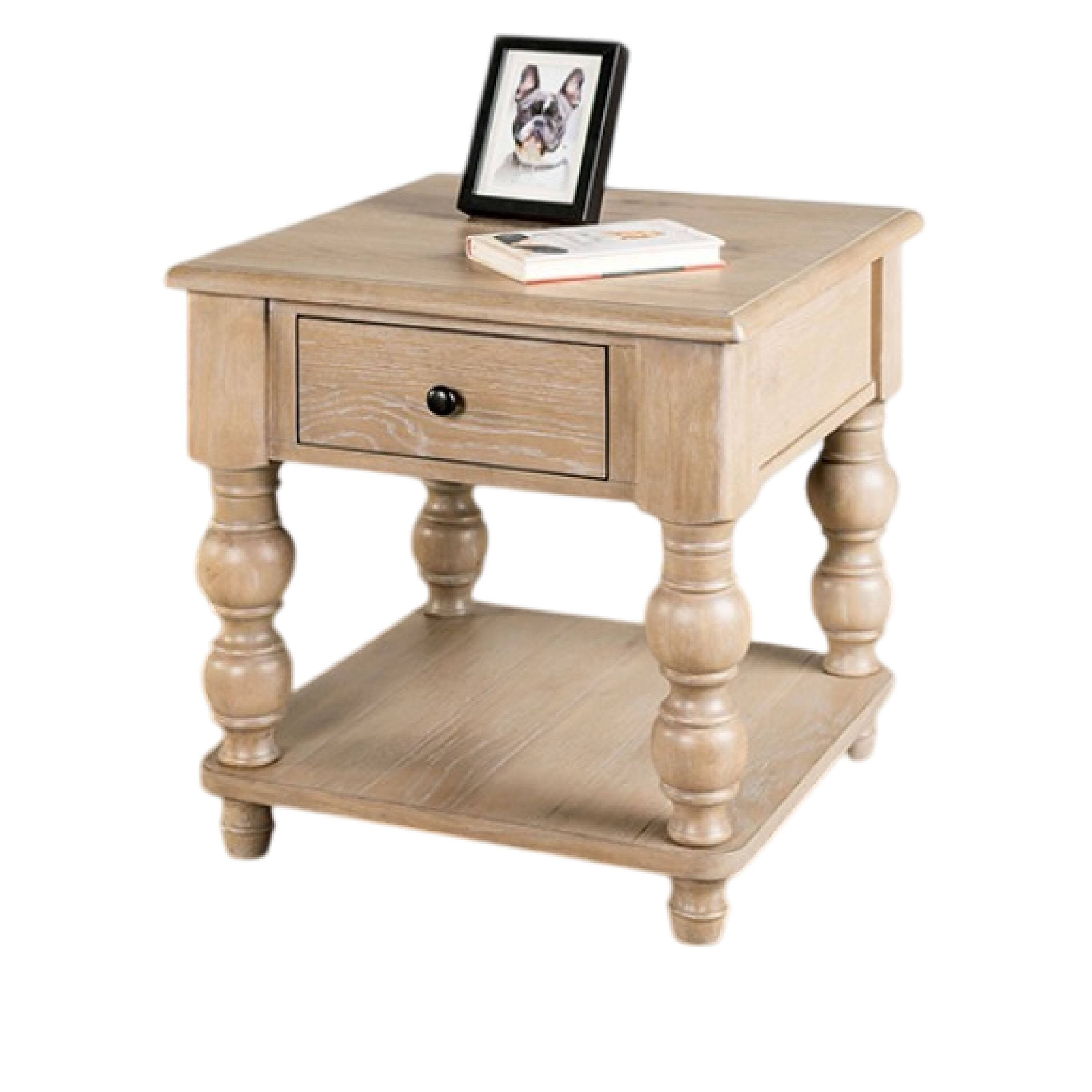 Angle. Manhattan Lane - Cherie Square End Table, 1 Drawer, Shelf, Light White Wash, 24 Inch - White Wash Brown, Black.