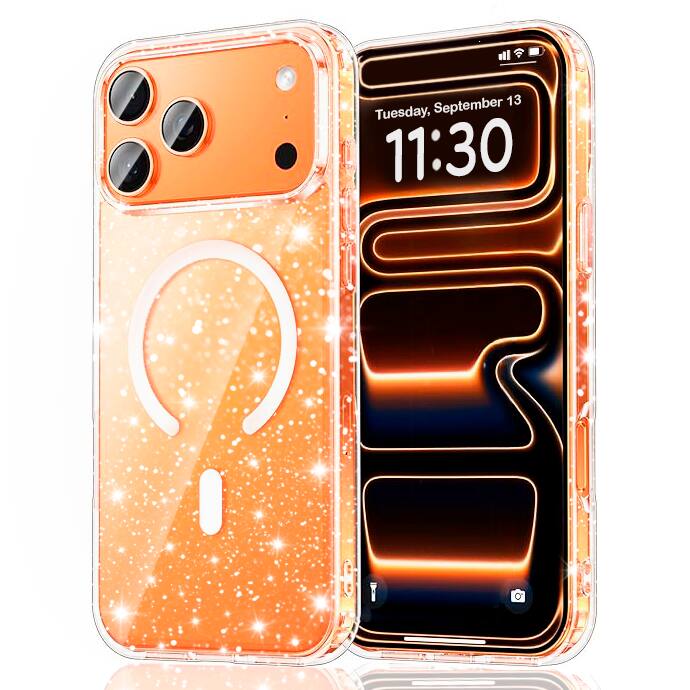 Entronix - Magnetic Case for iPhone 17 Pro - Hard Back Design - Glitter Clear