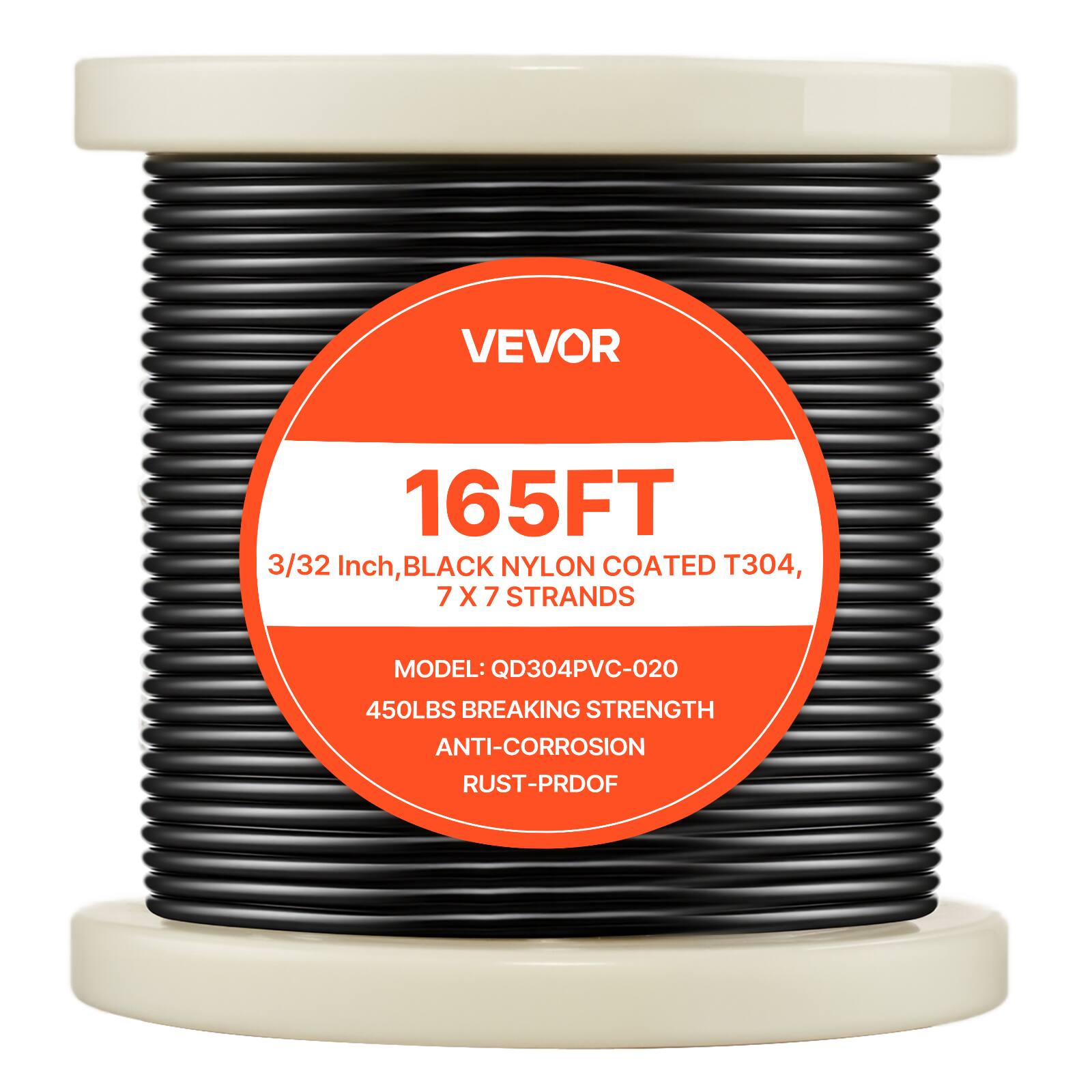 VEVOR 165FT 3/32 Inch, BLACK NYLON COATED T304, 7 X 7 STRANDS MODEL: QD304PVC-020 450LBS BREAKING STRENGTH ANTI-CORROSION RUST-PROOF