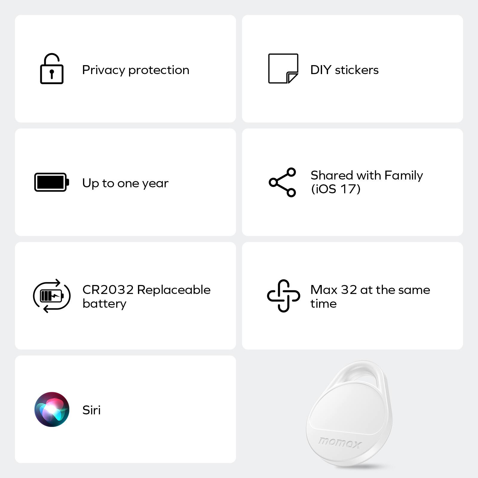 1. Privacy protection
2. DIY stickers
3. Up to one year
4. Shared with Family (iOS 17)
5. CR2032 replaceable battery
6. Max 32 at the same time
7. Siri
8. momox