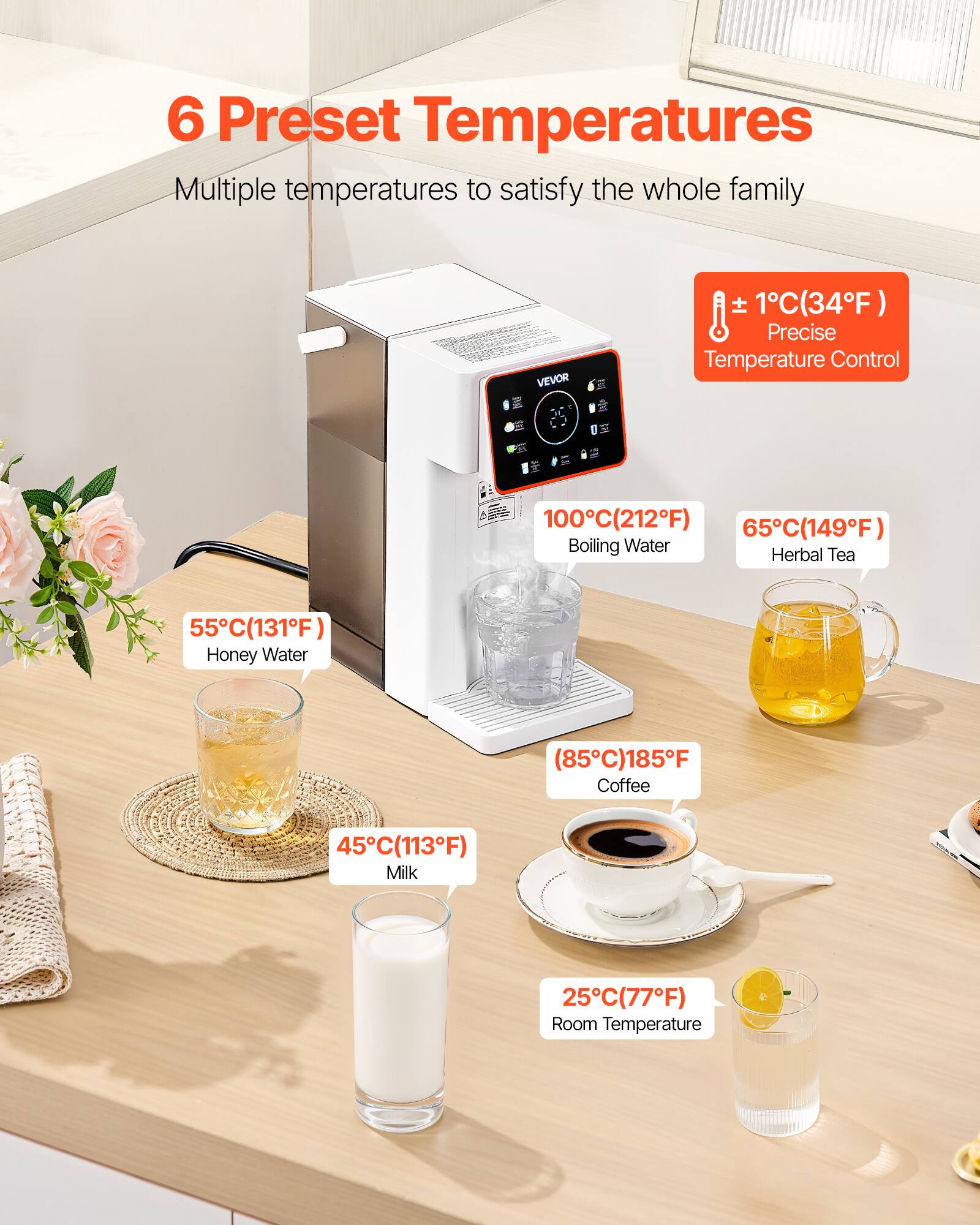 6 Preset Temperatures  
Multiple temperatures to satisfy the whole family

VEVOR  
± 1°C(34°F) Precise Temperature Control

100°C(212°F) Boiling Water  
65°C(149°F) Herbal Tea  
55°C(131°F) Honey Water  
(85°C)185°F Coffee  
45°C(113°F) Milk  
25°C(77°F) Room Temperature