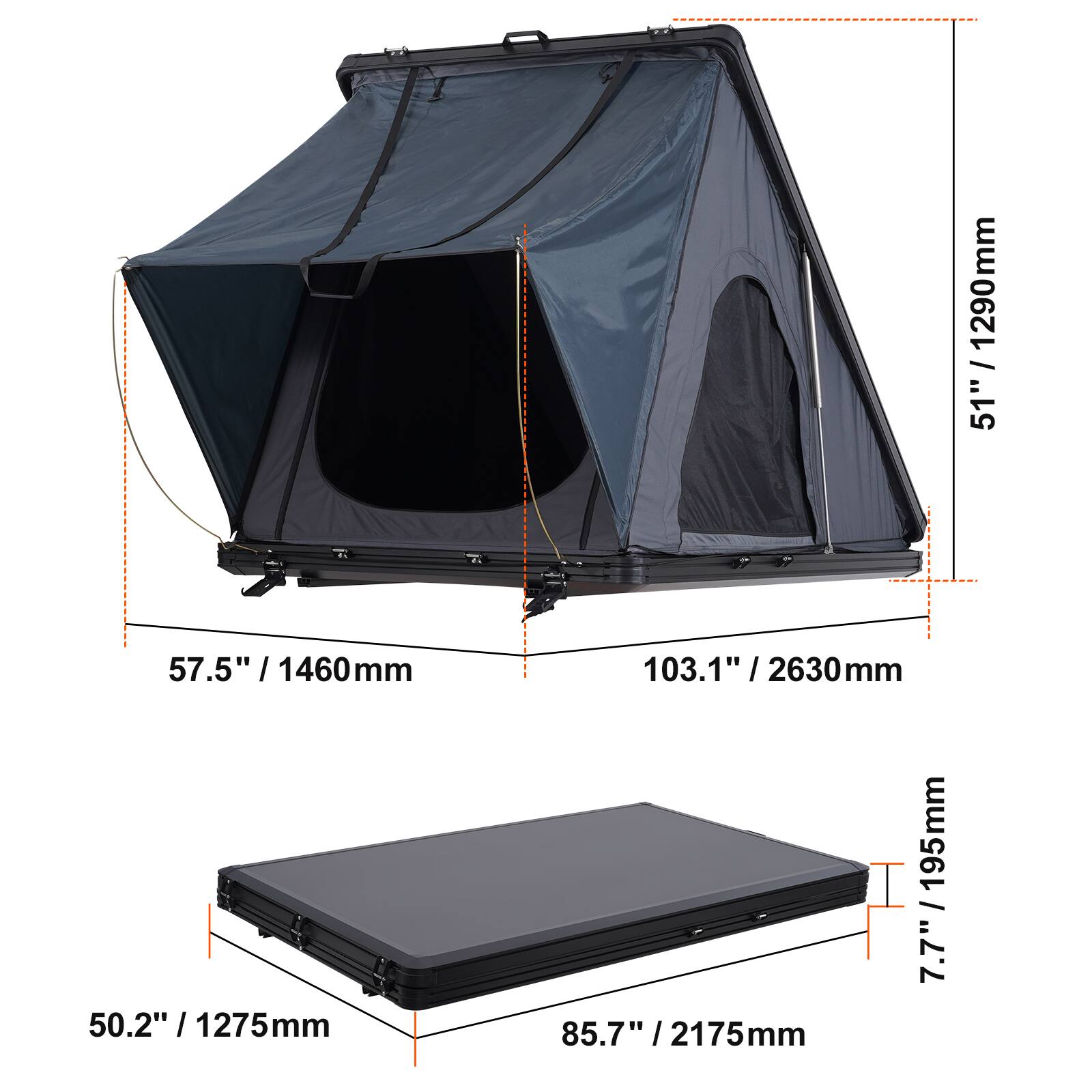 5.7" / 1290mm, 57.5" / 1460mm, 103.1" / 2630mm, 50.2" / 1275mm, 85.7" / 2175mm, 7.7" / 195mm
