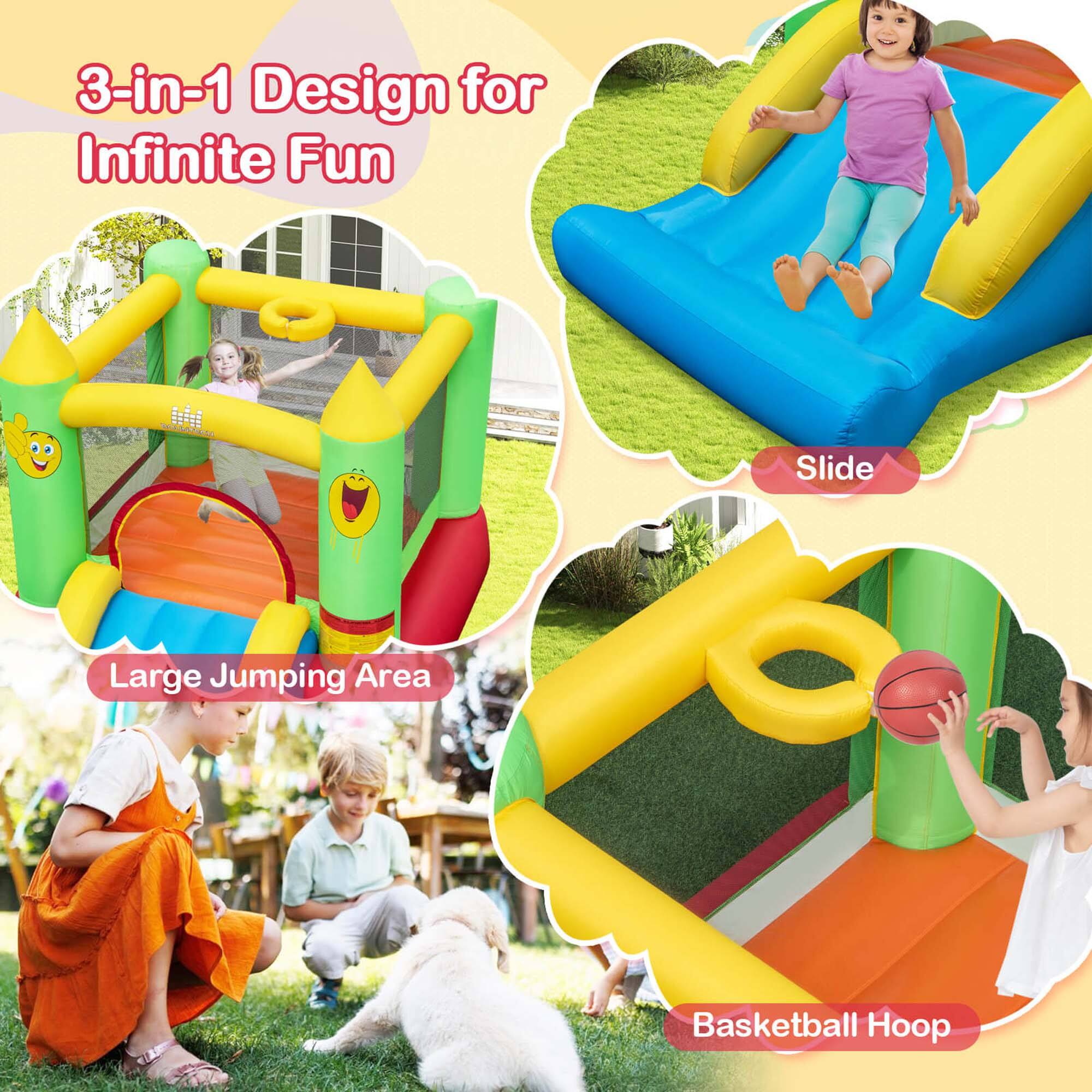 3-in-1 Design for Infinite Fun

- Large Jumping Area
- Slide
- Basketball Hoop