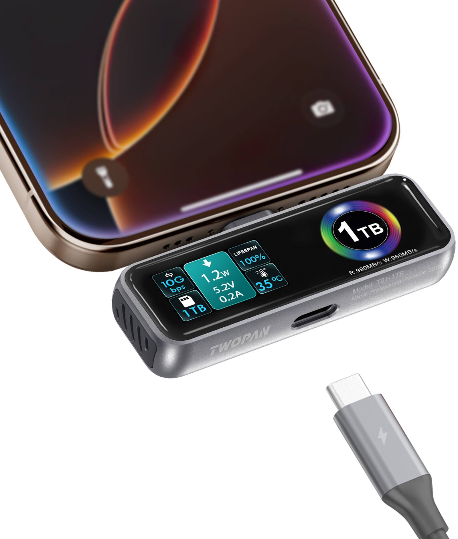 TWOPAN - Magnetic Portable SSD for ProRes 4K 60fps Video Recording, 1TB External Storage for USB-C Devices iPhone Android Laptop - Black