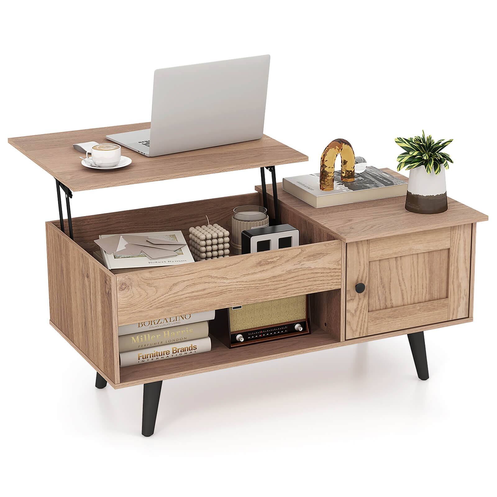 Costway - Lift Top Coffee Table with Storage Hidden Compartment Cabinet & Open Shelf - Natural