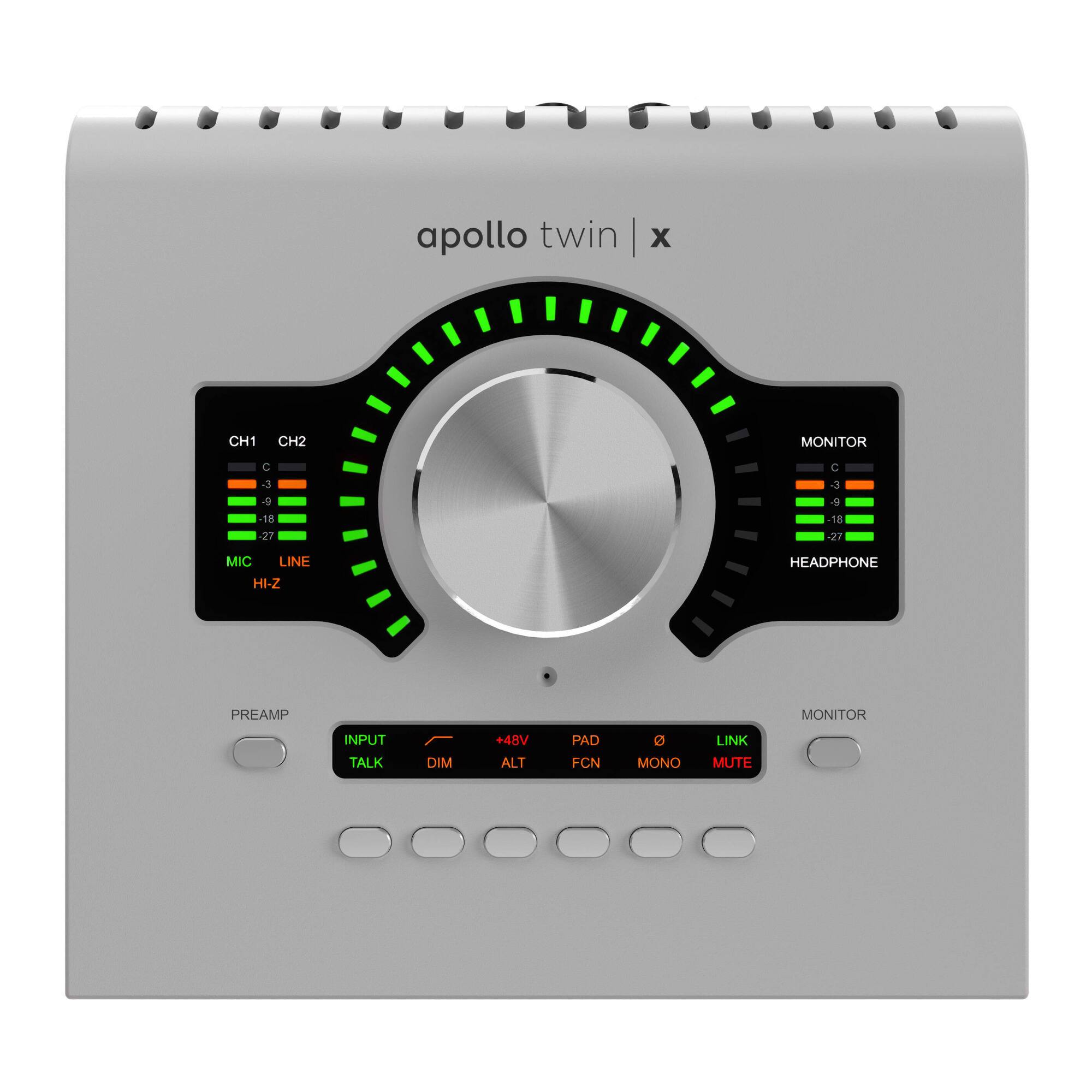 apollo twin | X

CH1 CH2 MONITOR C 3 -9 18 21 C 3 a -18 -27

MIC LINE HI-Z HEADPHONE

PREAMP

INPUT TALK DIM +48V ALT PAD FCN MONO LINK MUTE