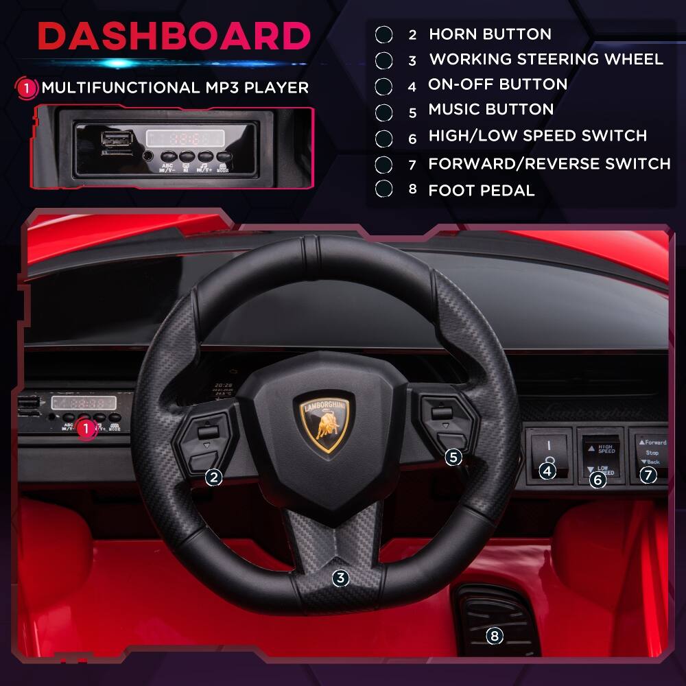 DASHBOARD

1 MULTIFUNCTIONAL MP3 PLAYER

2 HORN BUTTON

3 WORKING STEERING WHEEL

4 ON-OFF BUTTON

5 MUSIC BUTTON

6 HIGH/LOW SPEED SWITCH

7 FORWARD/REVERSE SWITCH

8 FOOT PEDAL

20:28 JERSAMY 24,5%