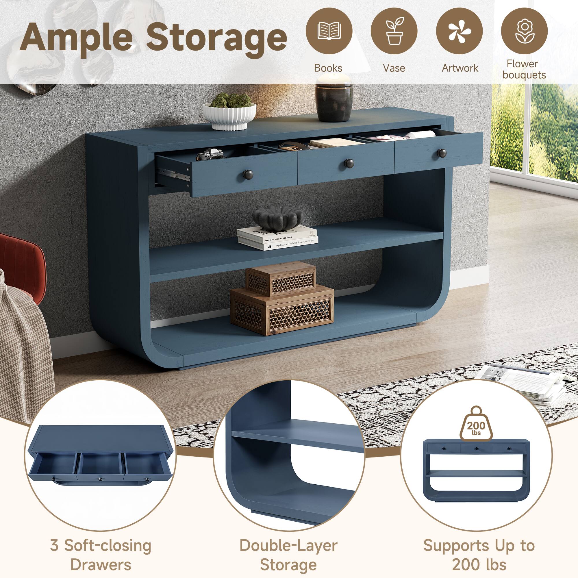 Ample Storage Books Vase Flower Artwork bouquets

- 3 Soft-closing Drawers
- Double-Layer Storage
- Supports Up to 200 lbs