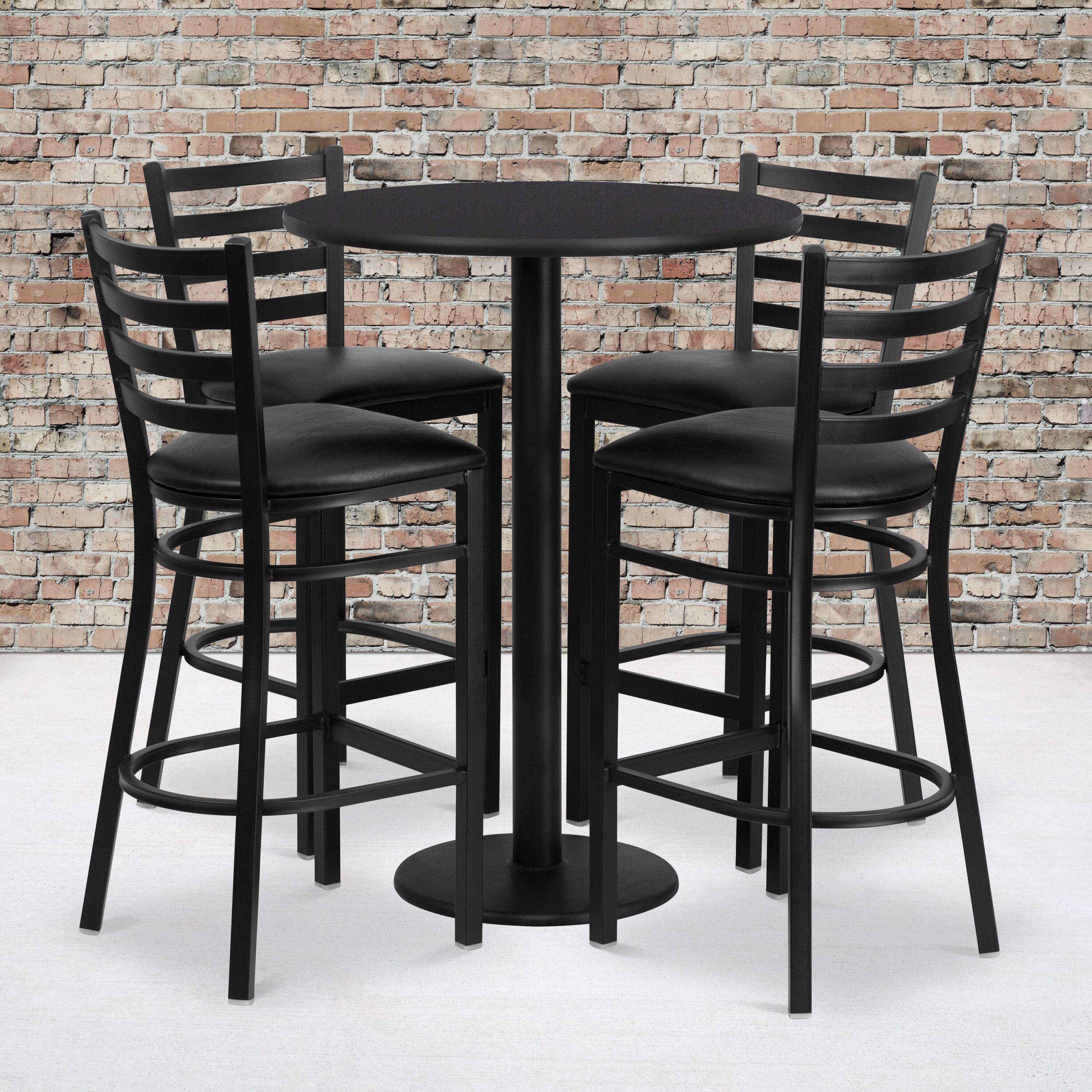 Angle. Flash Furniture - Jamie 30'' Round Black Laminate Table Set with Round Base and 4 Ladder Back Metal Barstools - Black Vinyl Seat - Black.